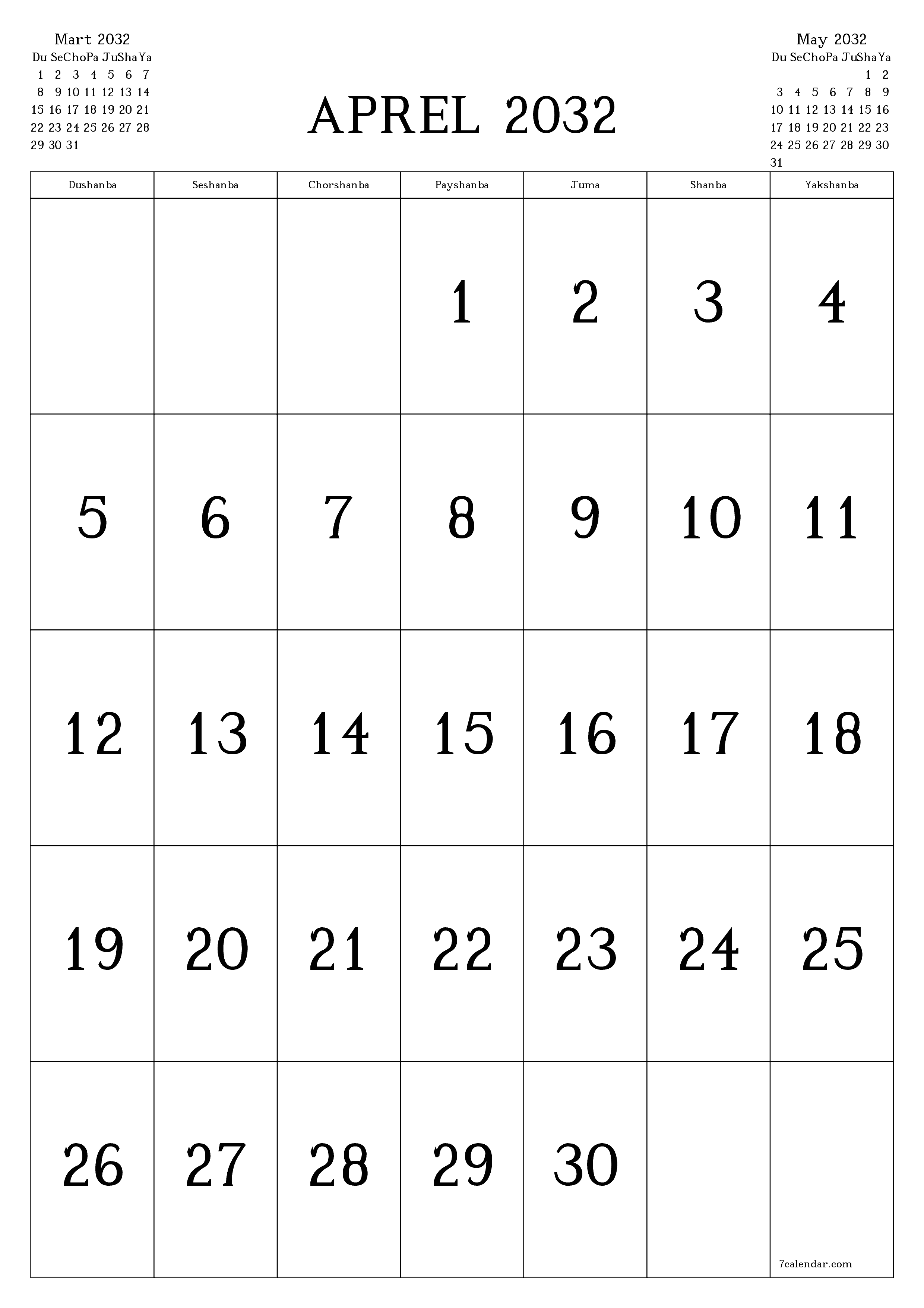 chop etiladigan devor taqvimi shabloni bepul vertikal Oylik kalendar Aprel (Apr) 2032