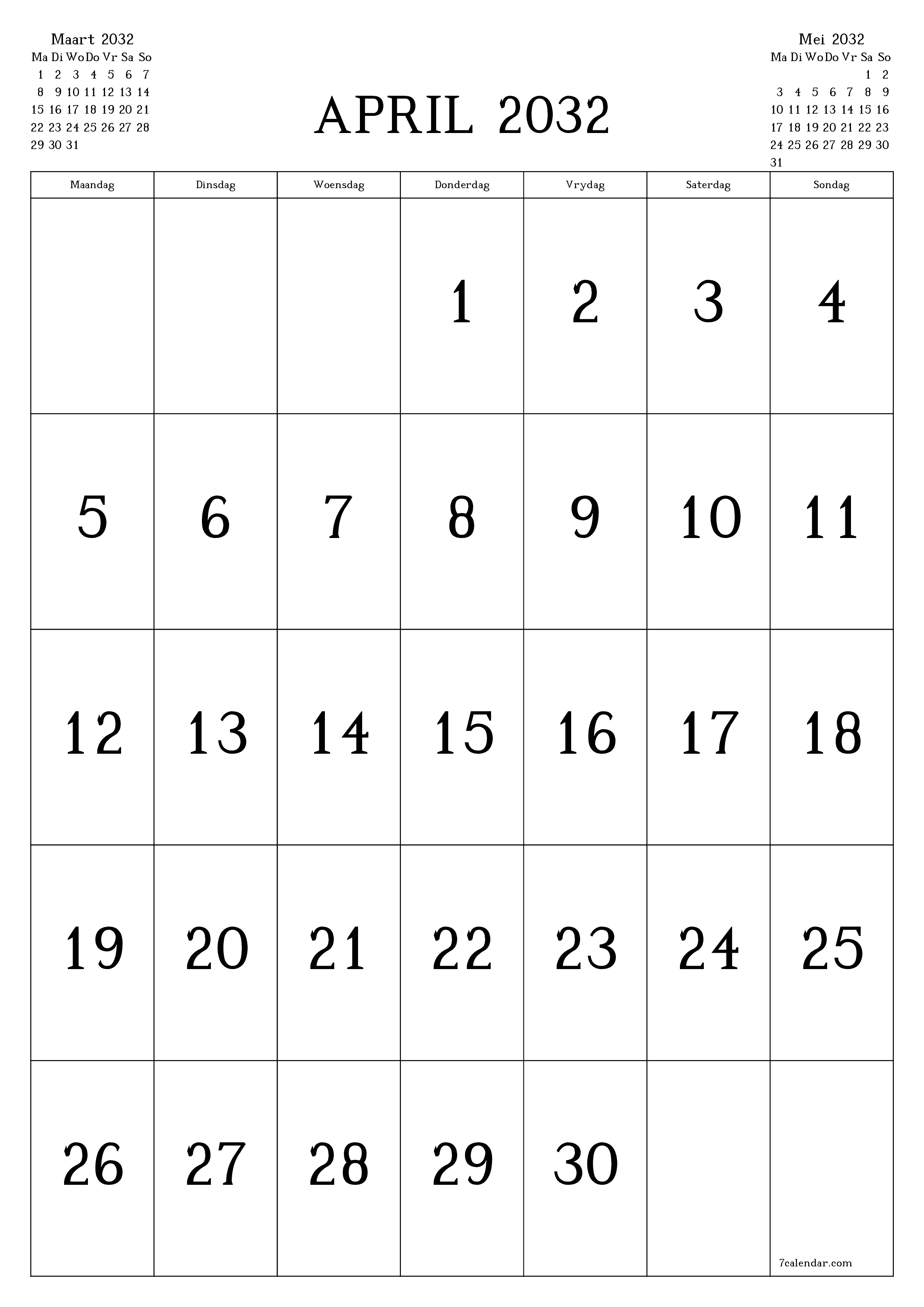 Leë maandelikse drukbare kalender en beplanner vir maand April 2032 met notas stoor en druk na PDF PNG Afrikaans