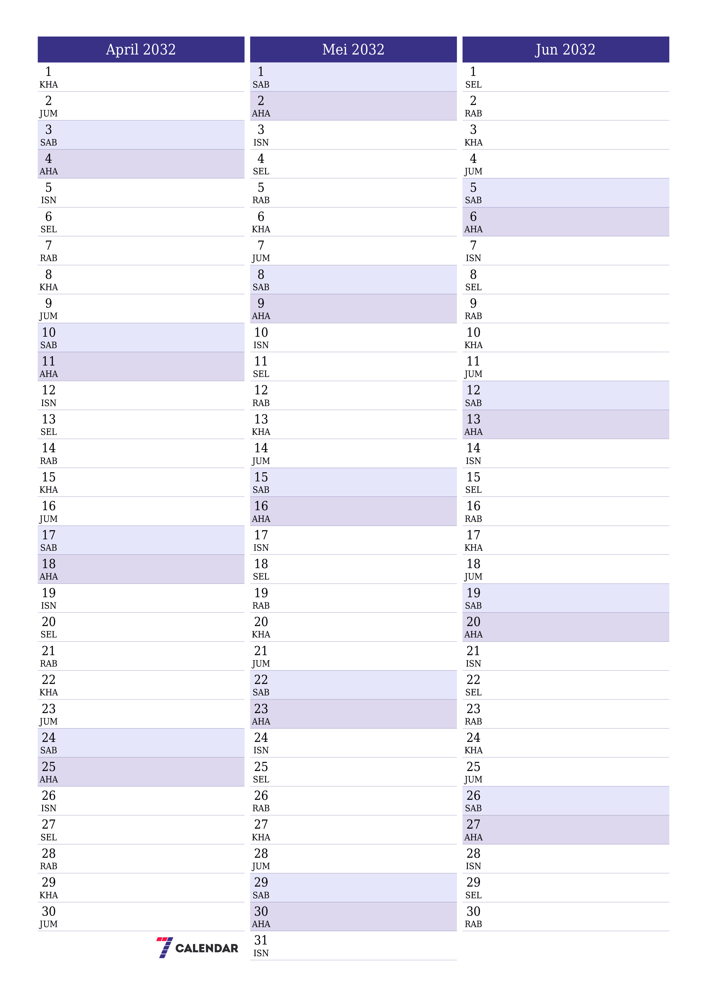 Perancang bulanan kosong untuk bulan April 2032 dengan nota, simpan dan cetak ke PDF PNG Malay