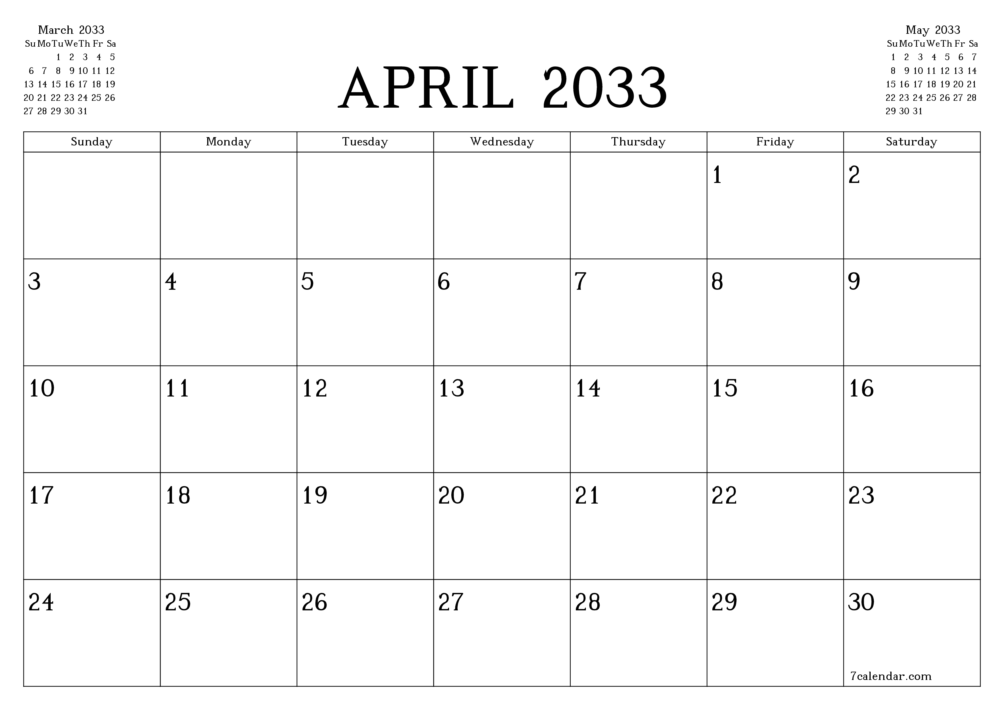 Blank calendar April 2033