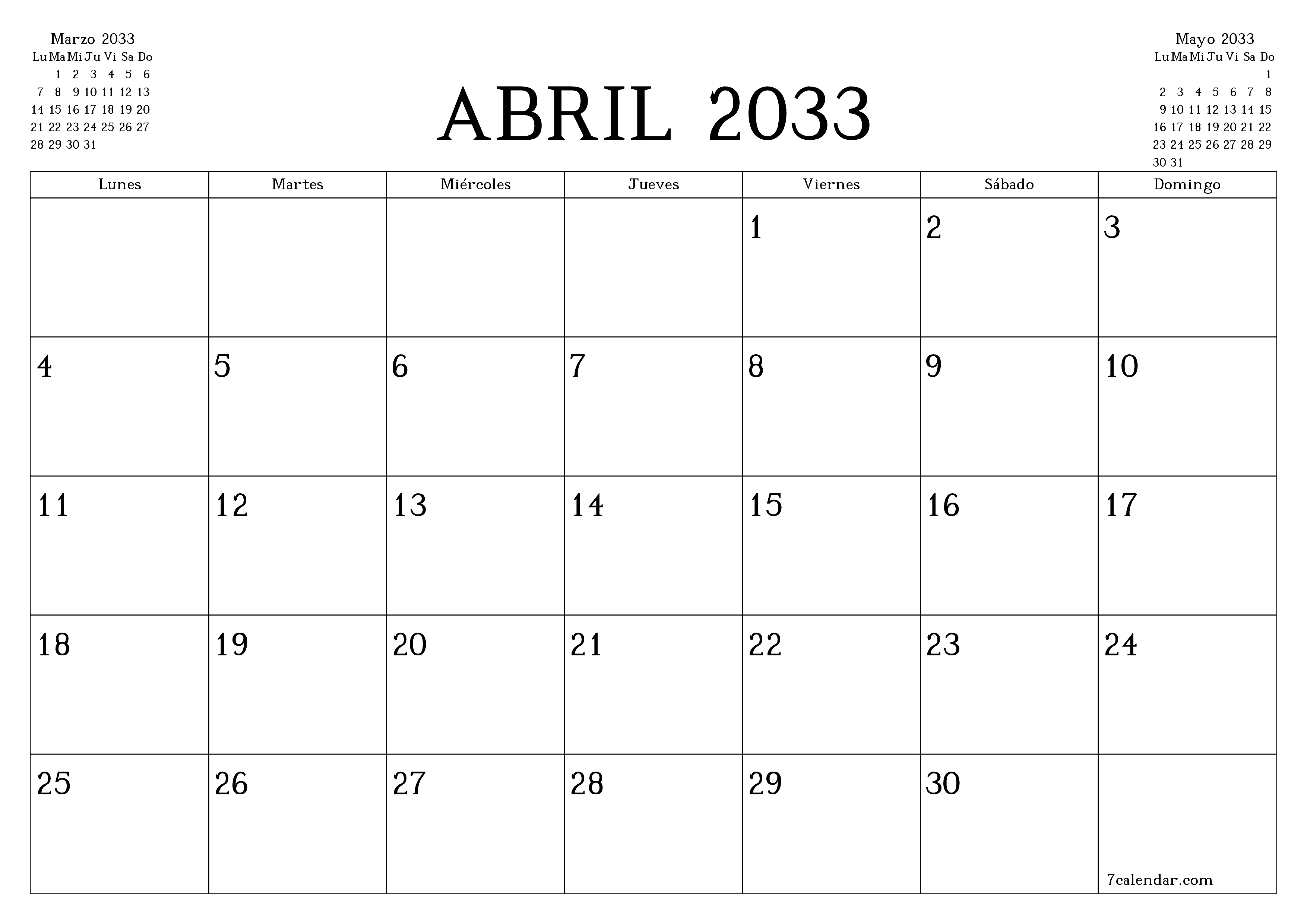 Planificador mensual vacío para el mes Abril 2033 con notas, guardar e imprimir en PDF PNG Spanish