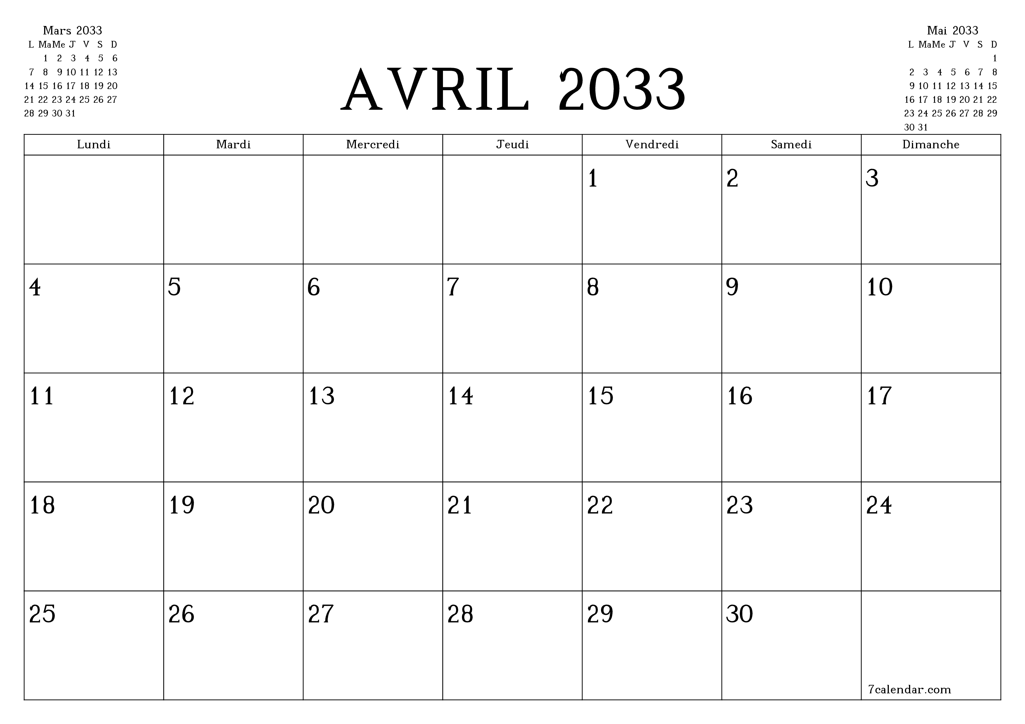 Agenda mensuel vide pour le mois Avril 2033 avec notes, enregistrez et imprimez au format PDF PNG French