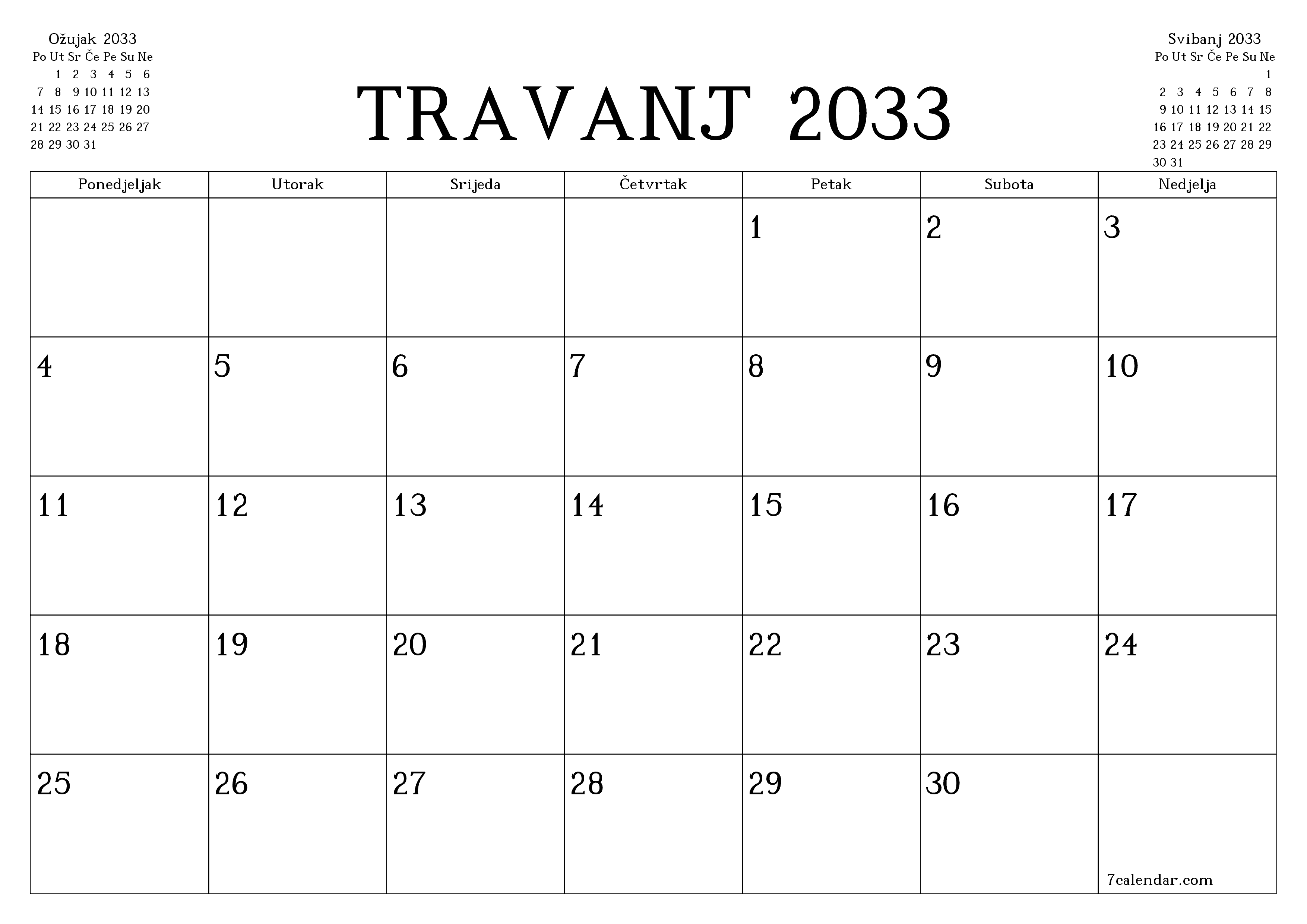 Ispraznite mjesečni planer za mjesec Travanj 2033 s bilješkama, spremite i ispišite u PDF PNG Croatian