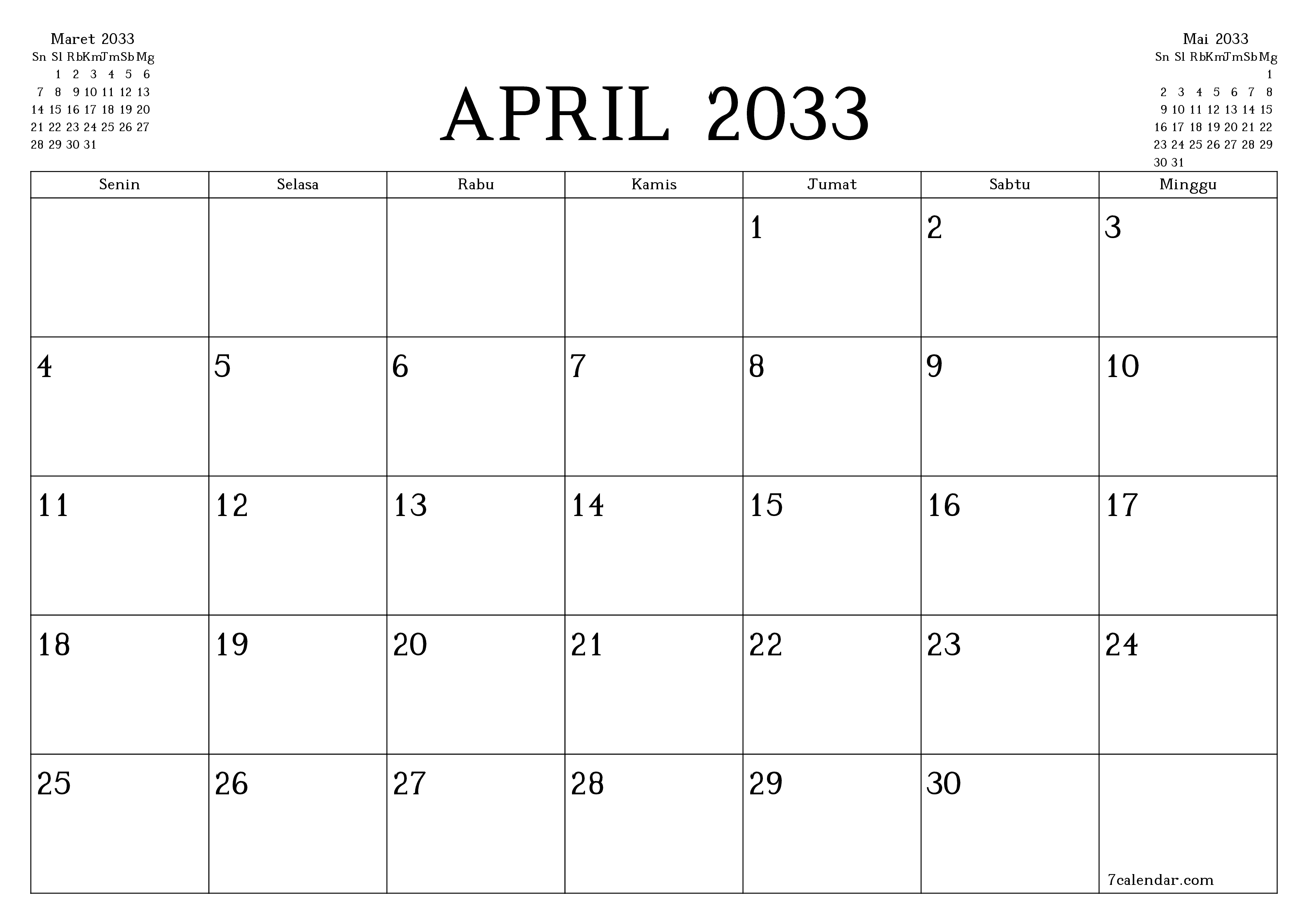Kosongkan agenda bulanan untuk bulan April 2033 dengan catatan, simpan dan cetak ke PDF PNG Indonesian