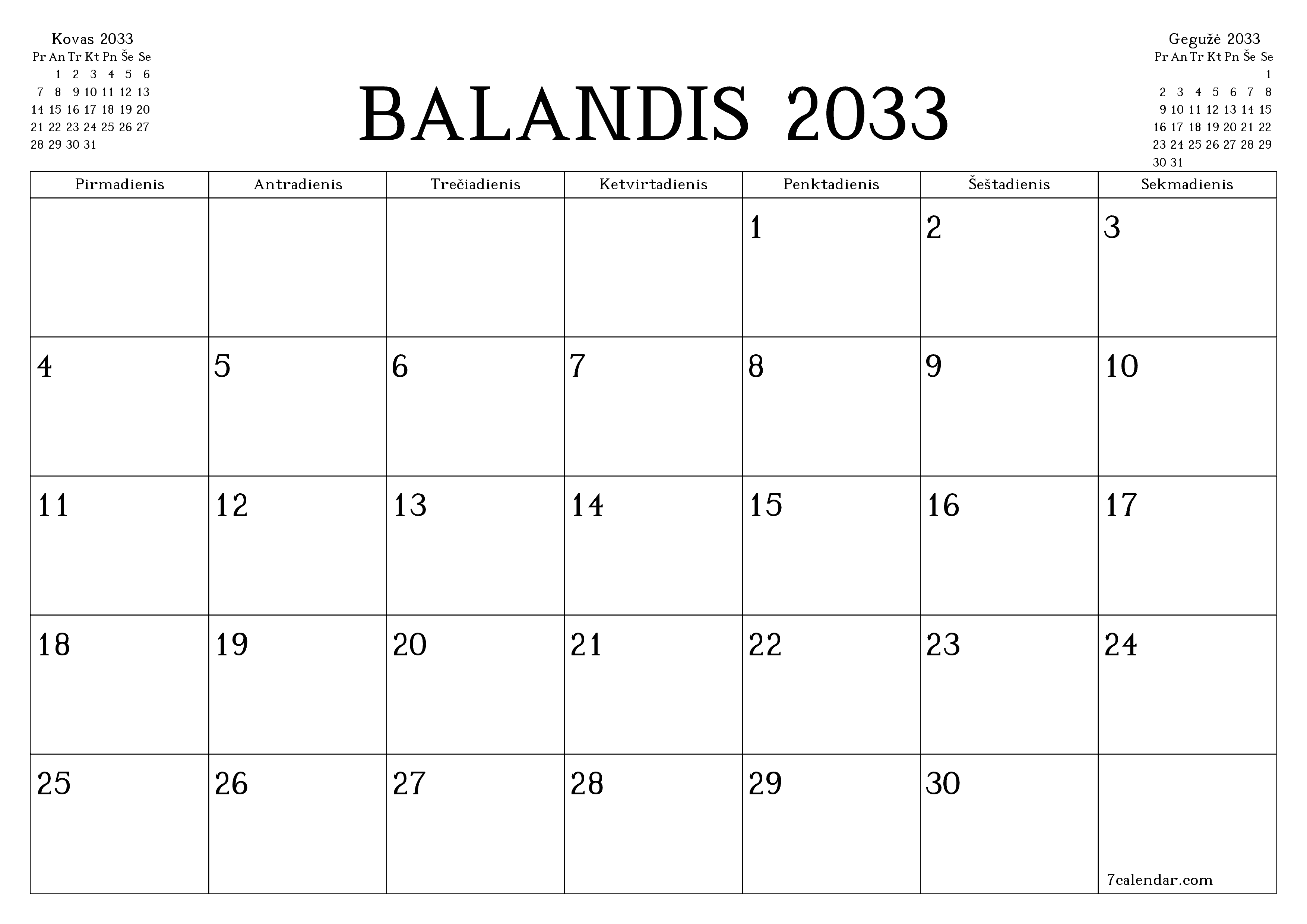 Ištuštinti mėnesio Balandis 2033 mėnesio planavimo priemonę su užrašais, išsaugoti ir atsispausdinti PDF formate PNG Lithuanian