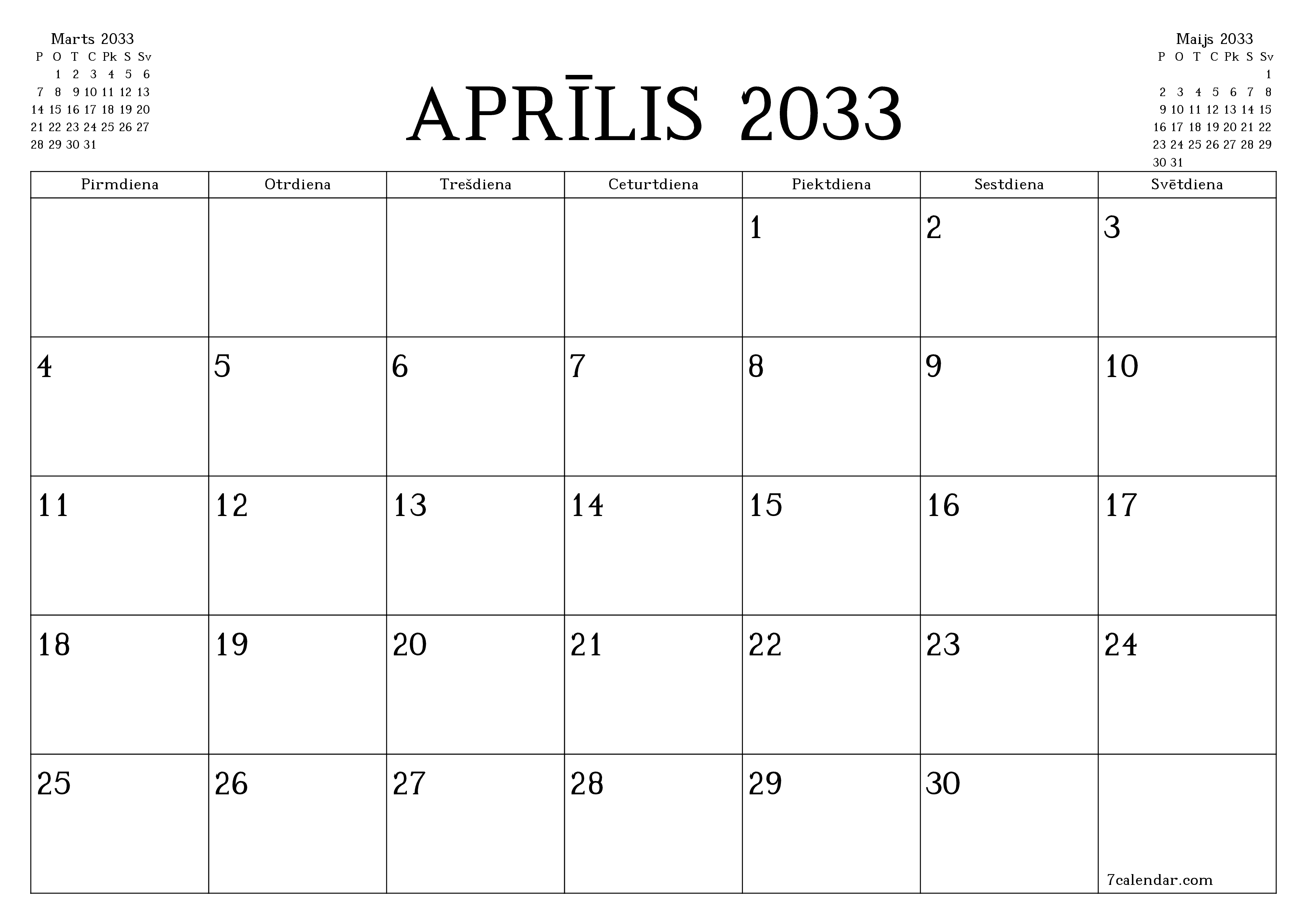 Iztukšot mēneša plānotāju mēnesim Aprīlis 2033 ar piezīmēm, saglabāt un izdrukāt PDF formātā PNG Latvian