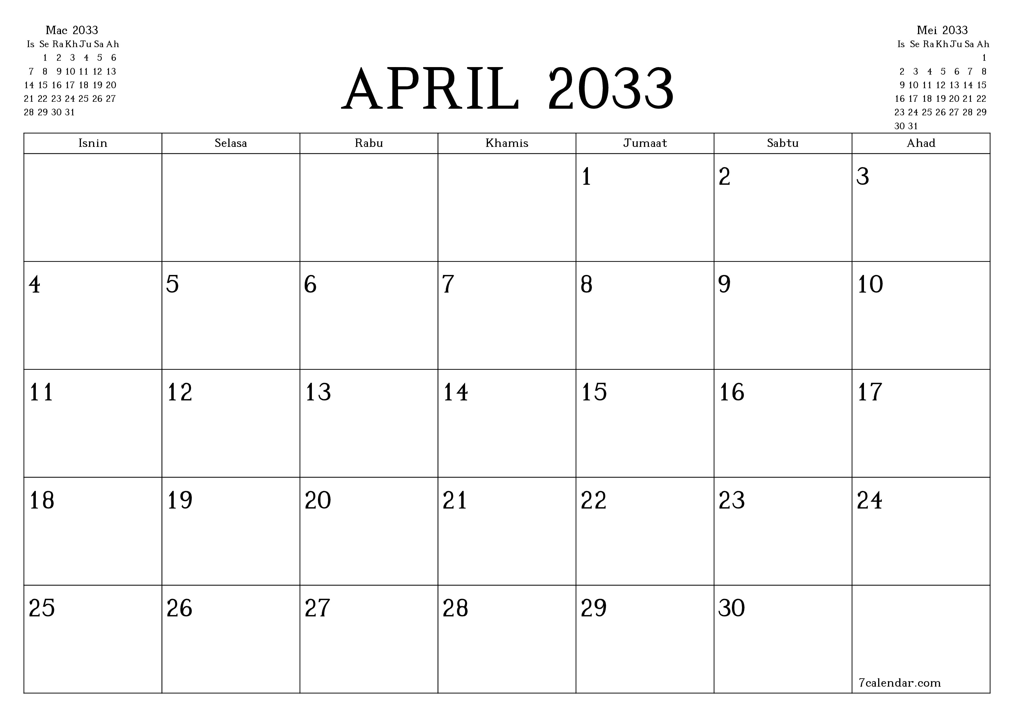 Perancang bulanan kosong untuk bulan April 2033 dengan nota, simpan dan cetak ke PDF PNG Malay