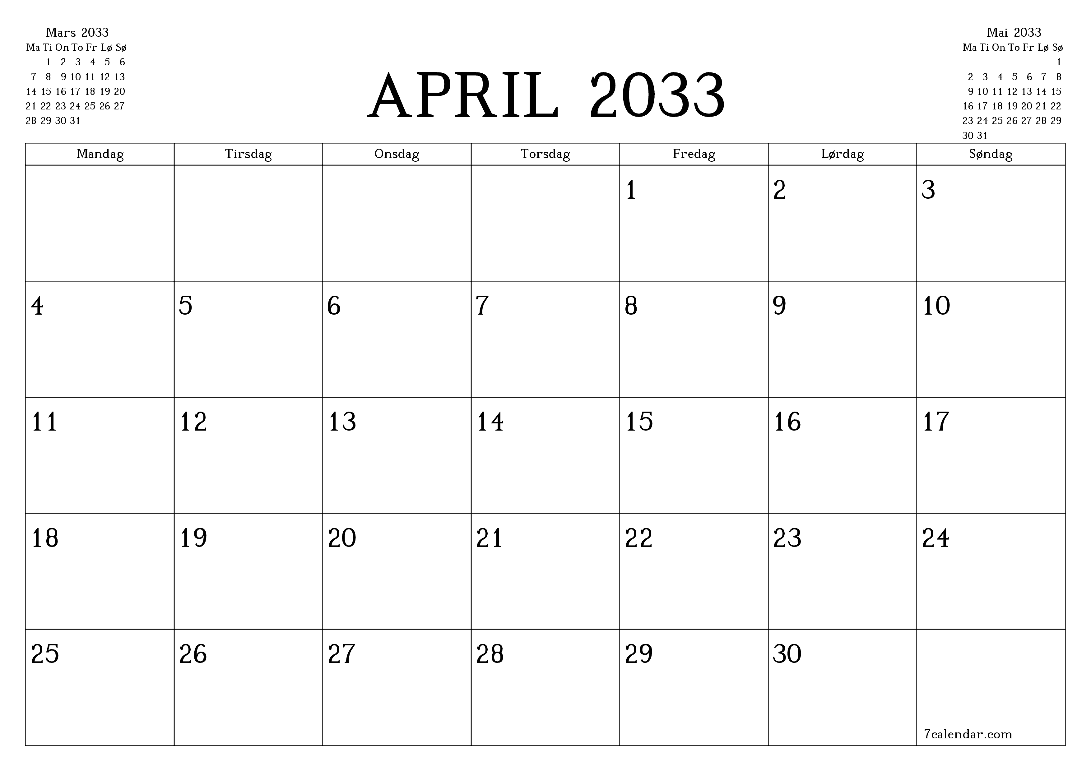 Tom månedlig planlegger for måned April 2033 med notater, lagre og skriv ut til PDF PNG Norwegian