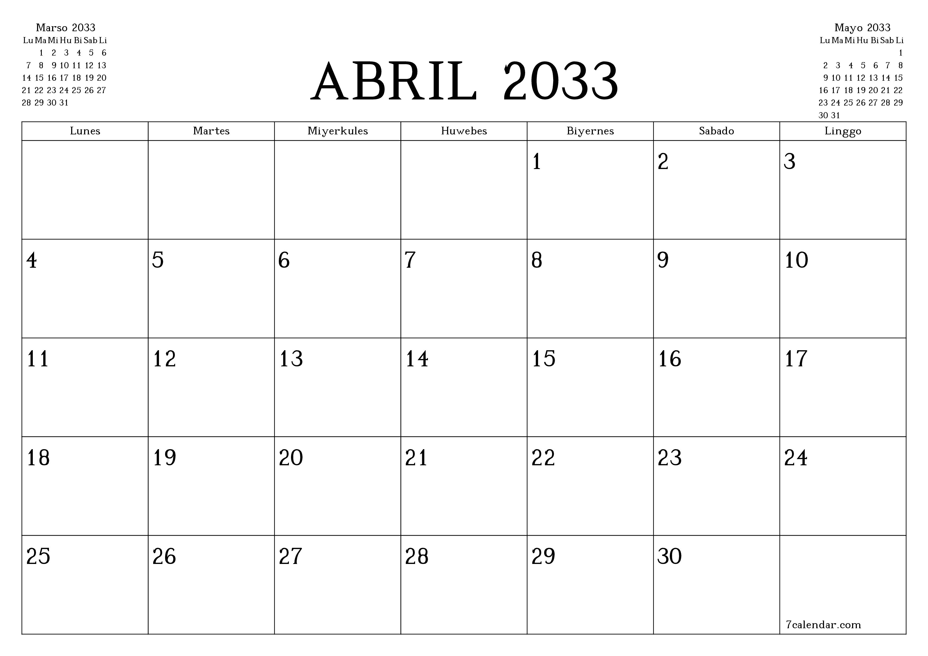 Walang laman na buwanang tagaplano para sa buwan na Abril 2033 na may mga tala, i-save at i-print sa PDF PNG Filipino