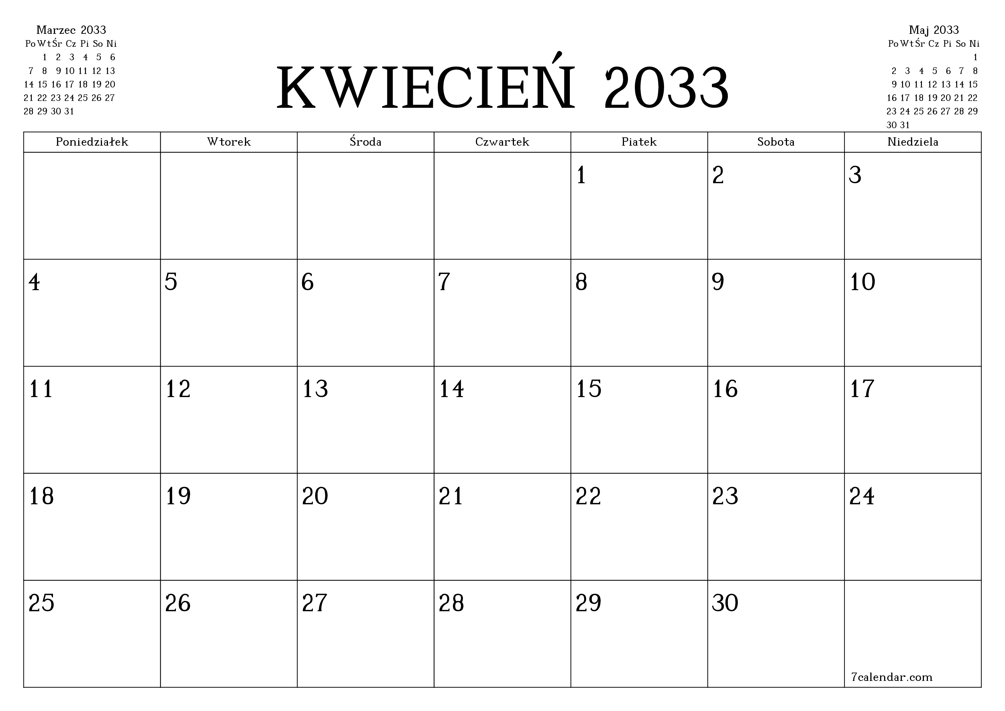 Opróżnij miesięczny planer na miesiąc Kwiecień 2033 z notatkami, zapisz i wydrukuj w formacie PDF PNG Polish