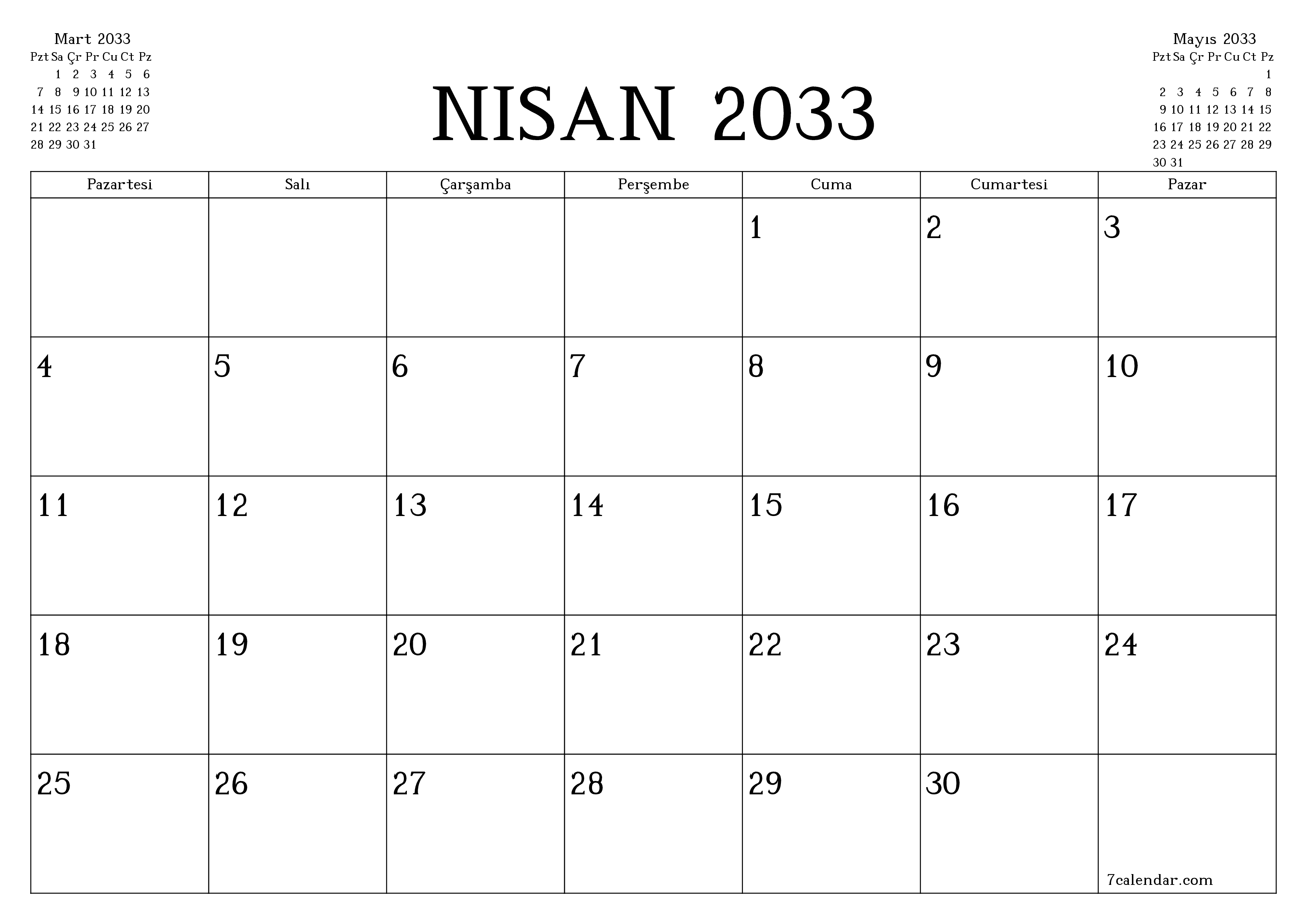 Nisan 2033 ayı için notlarla birlikte boş aylık planlayıcı, kaydedin ve PDF'ye yazdırın PNG Turkish