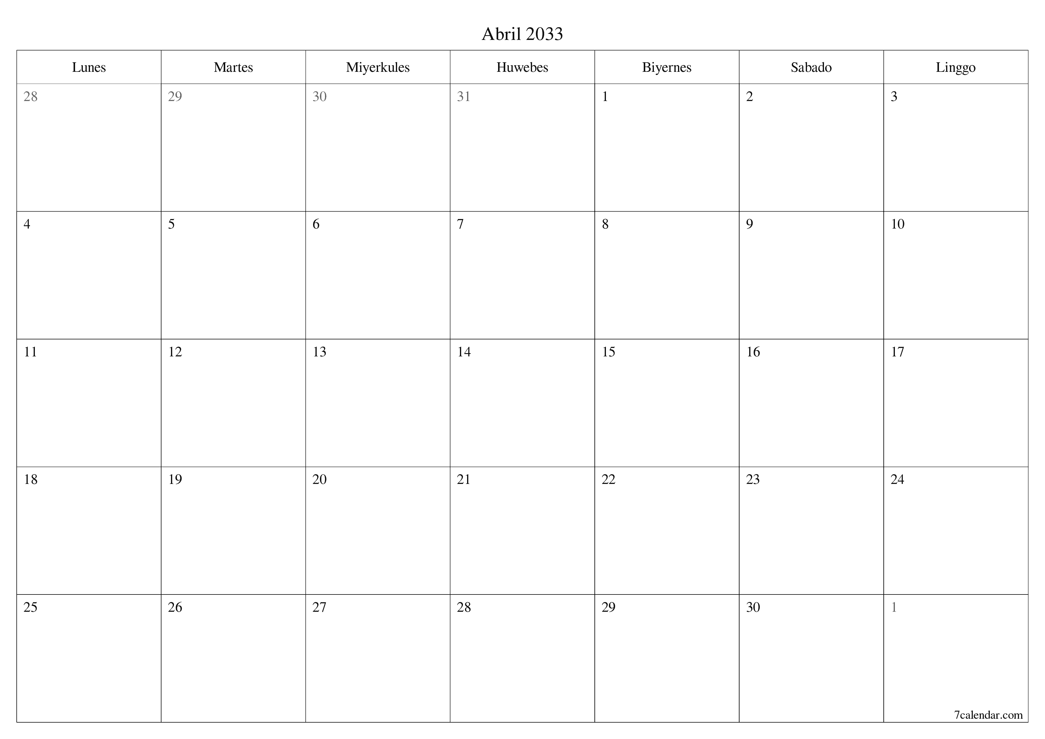 Walang laman na buwanang tagaplano para sa buwan na Abril 2033 na may mga tala, i-save at i-print sa PDF PNG Filipino
