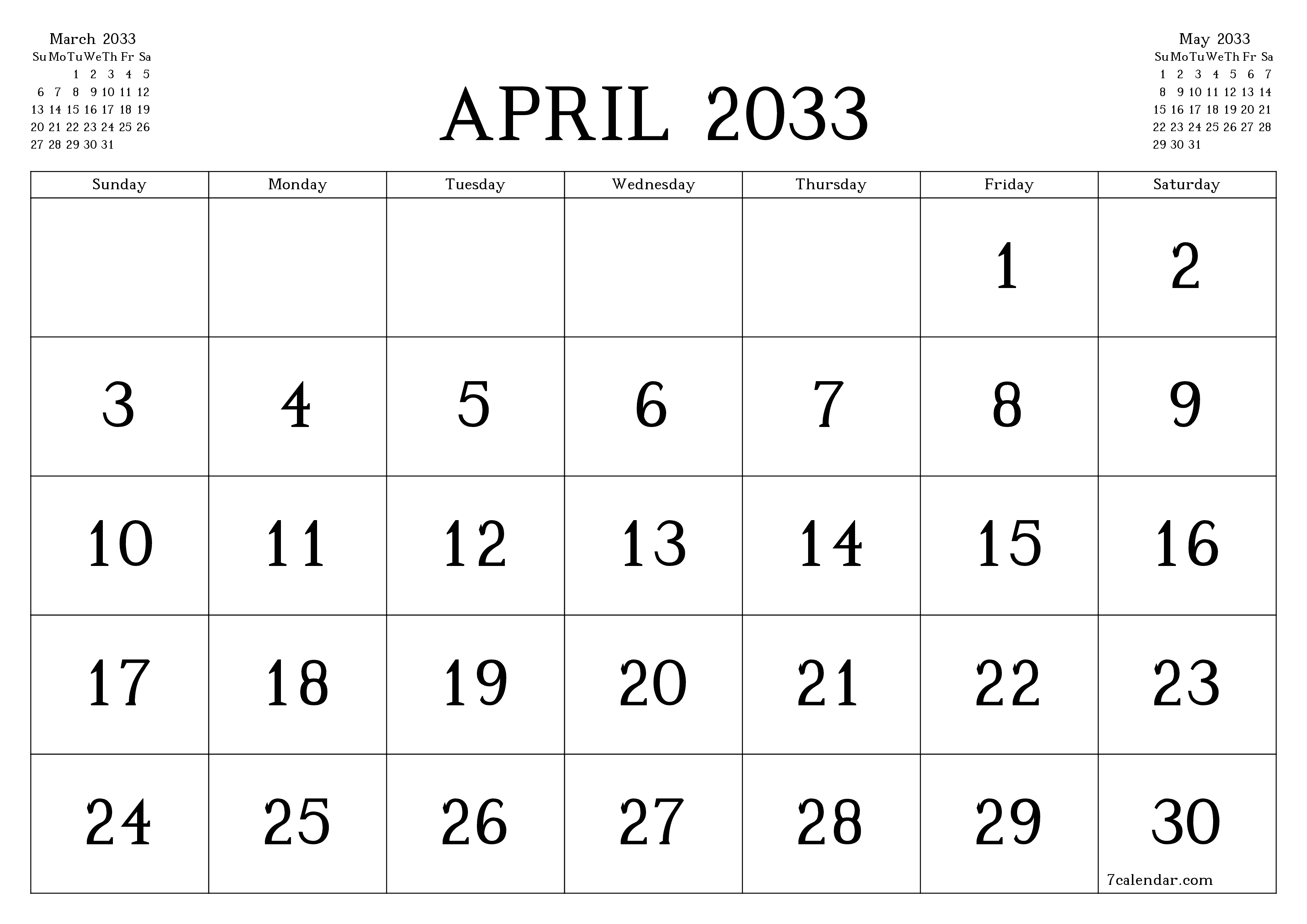 Blank calendar April 2033