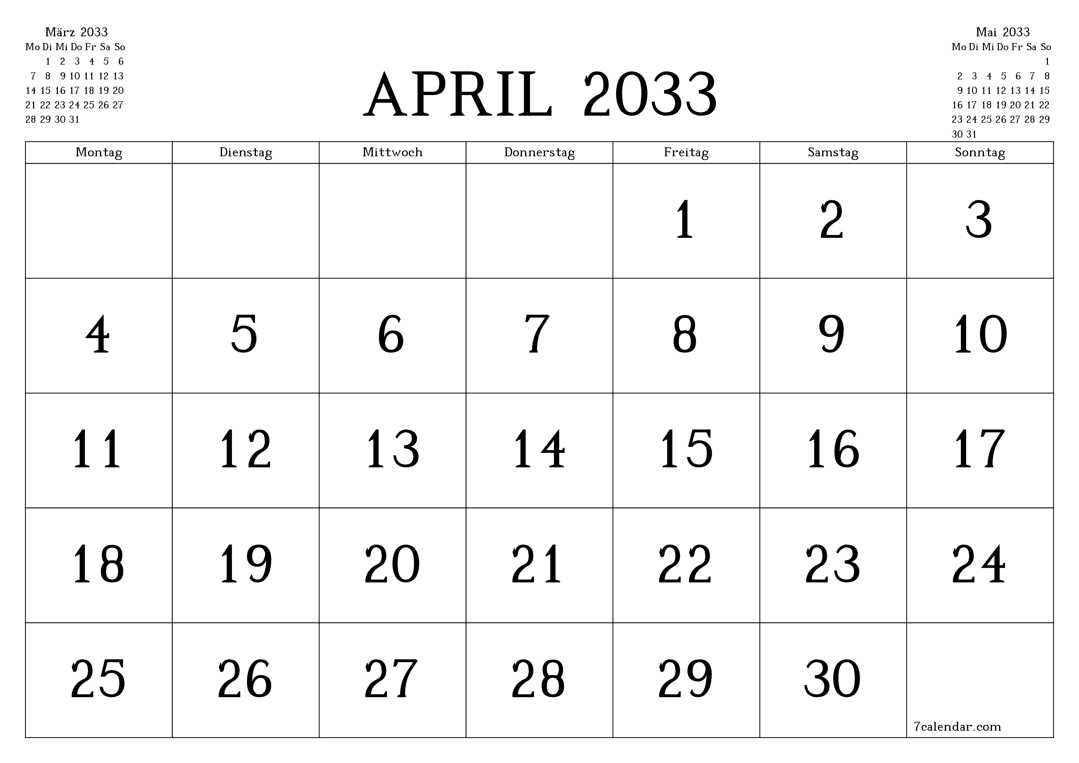 Monatsplaner für Monat April 2033 mit Notizen leeren, speichern und als PDF PNG German - 7calendar.com drucken
