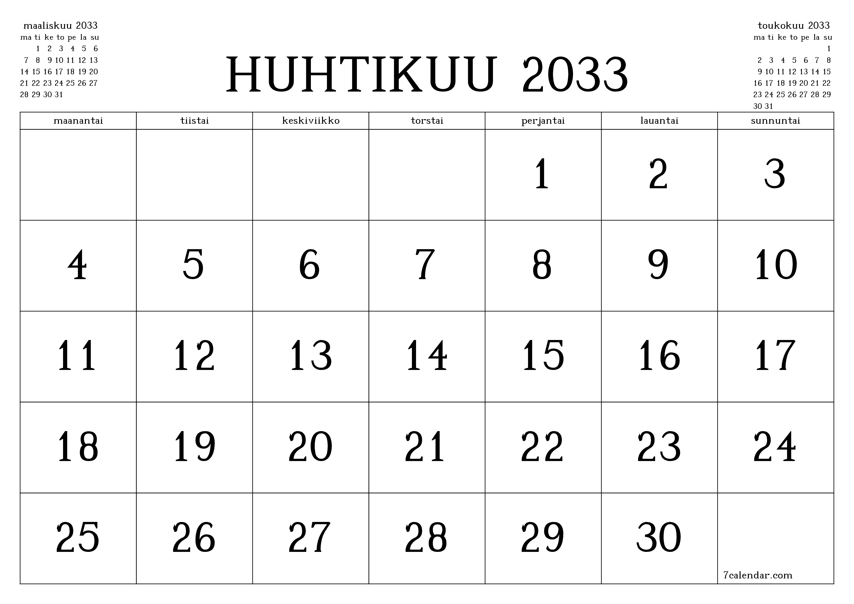 Tyhjennä kuukausittainen suunnittelija kuukaudelle Huhtikuu 2033 muistiinpanoilla, tallenna ja tulosta PDF-muotoon PNG Finnish