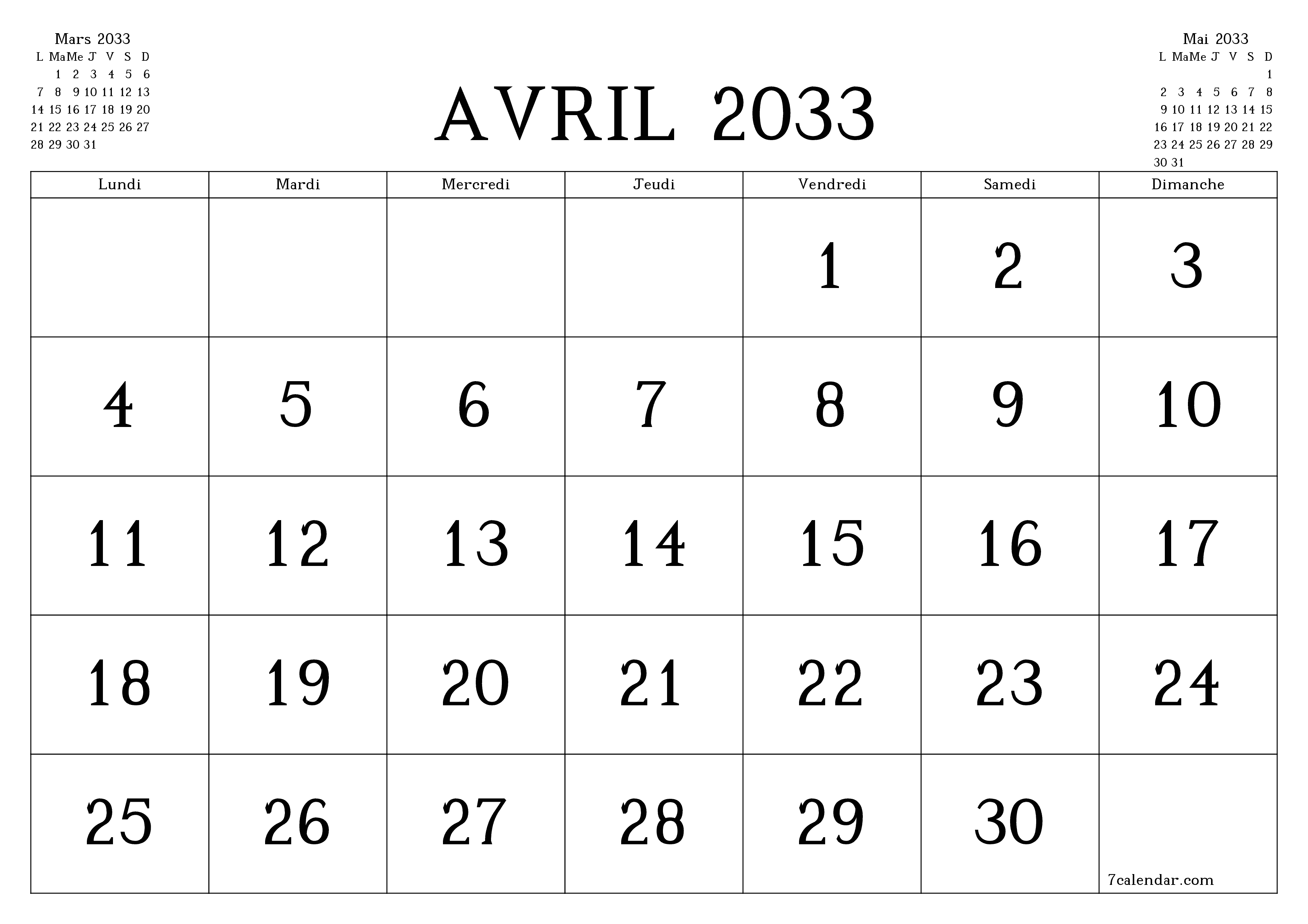 Agenda mensuel vide pour le mois Avril 2033 avec notes, enregistrez et imprimez au format PDF PNG French
