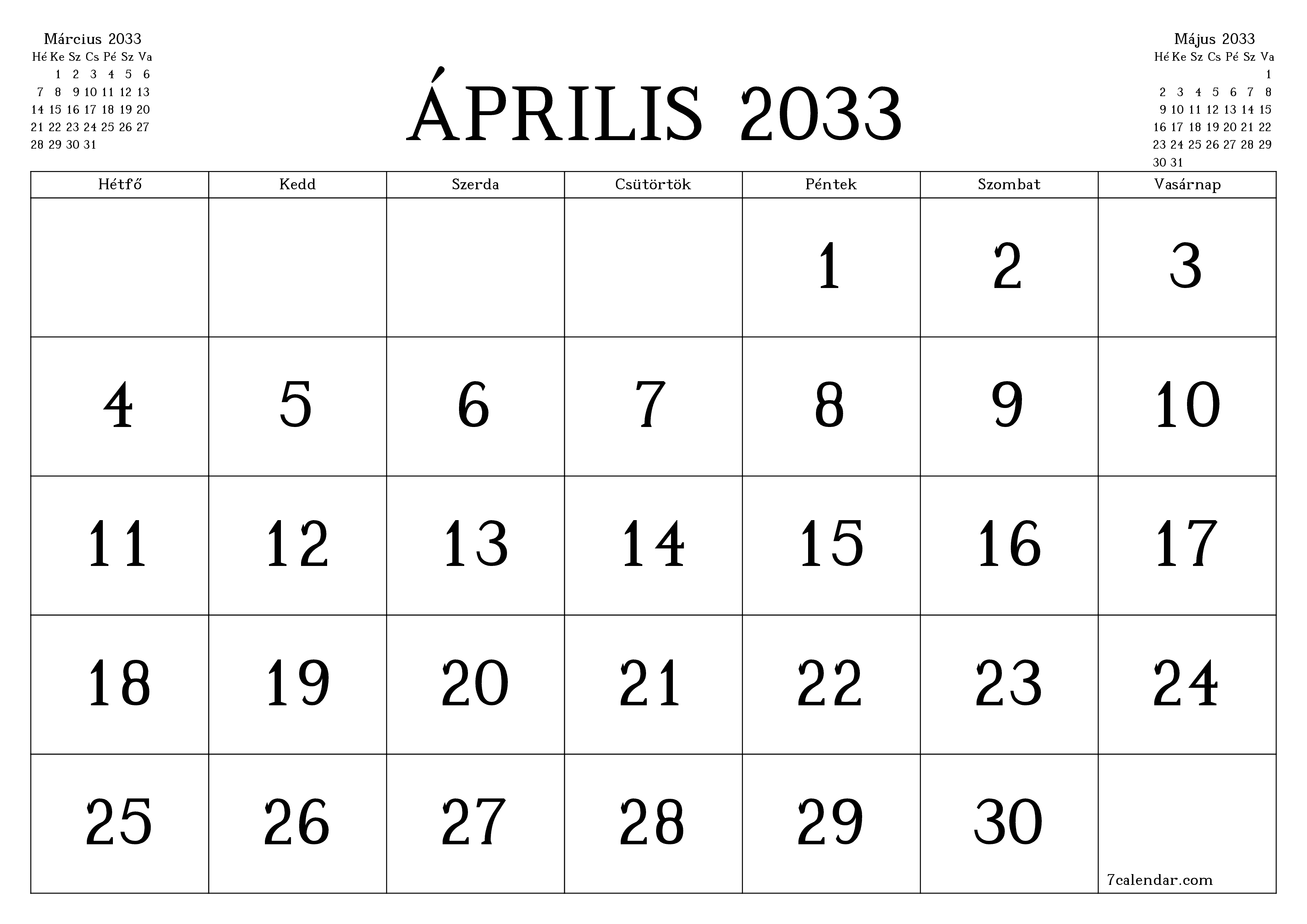 Üres havi tervező a Április 2033 hónapra jegyzetekkel, mentés és nyomtatás PDF-be PNG Hungarian