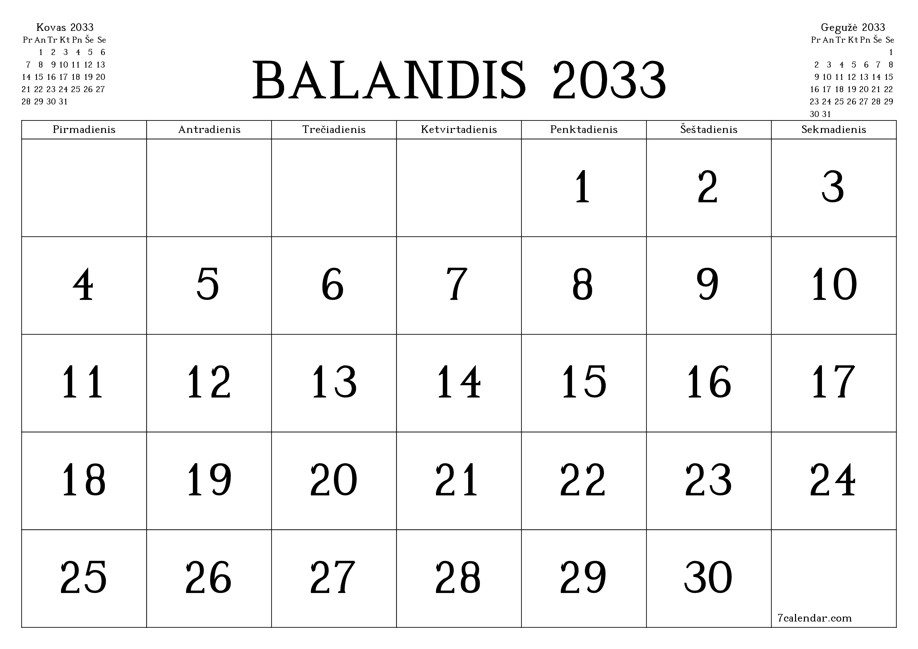Ištuštinti mėnesio Balandis 2033 mėnesio planavimo priemonę su užrašais, išsaugoti ir atsispausdinti PDF formate PNG Lithuanian
