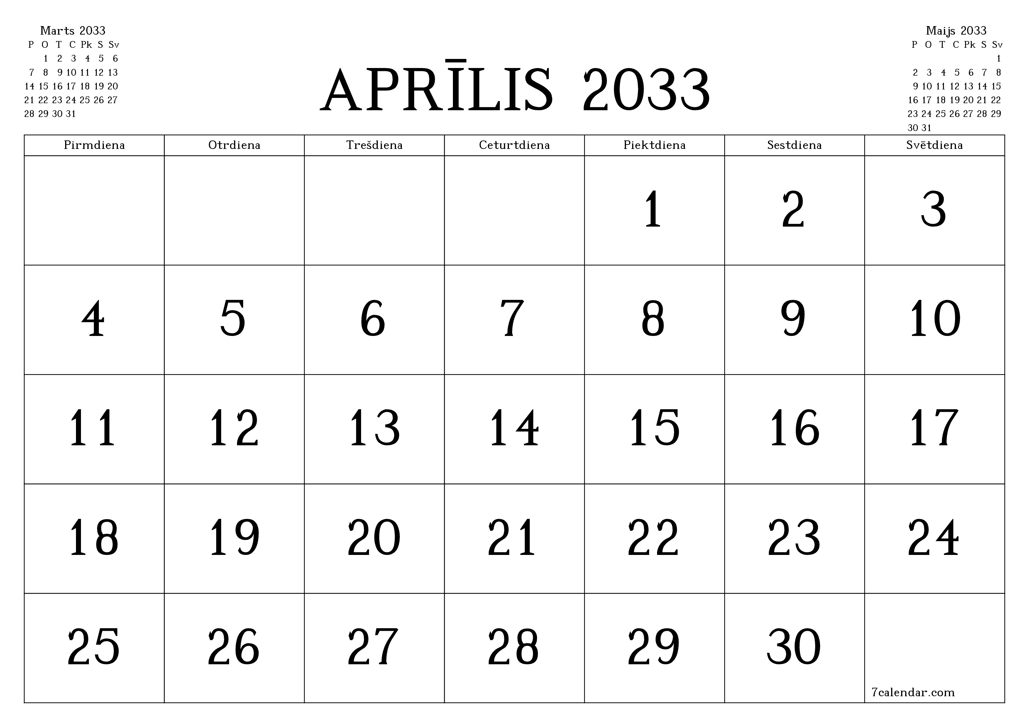 Iztukšot mēneša plānotāju mēnesim Aprīlis 2033 ar piezīmēm, saglabāt un izdrukāt PDF formātā PNG Latvian