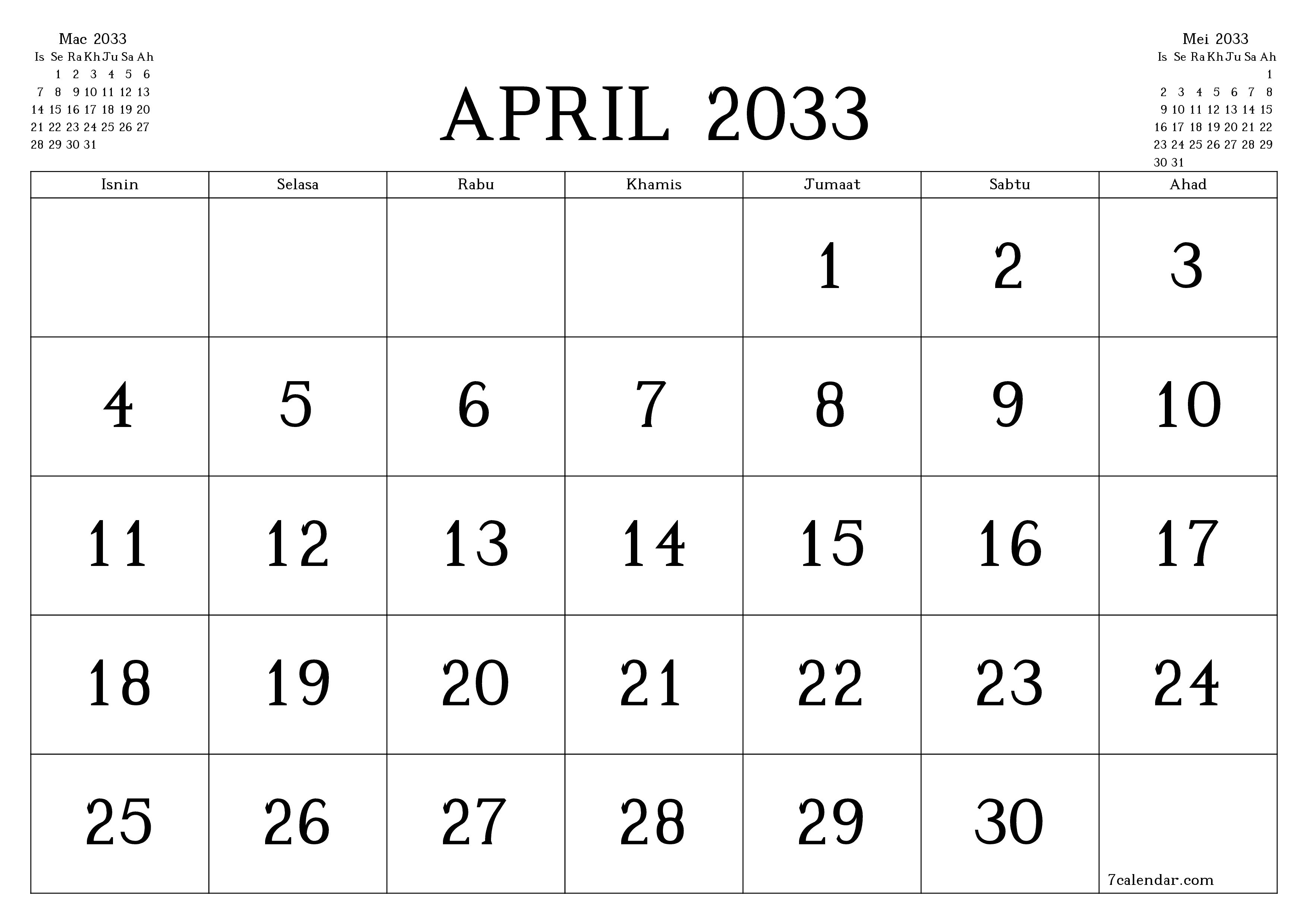 Perancang bulanan kosong untuk bulan April 2033 dengan nota, simpan dan cetak ke PDF PNG Malay