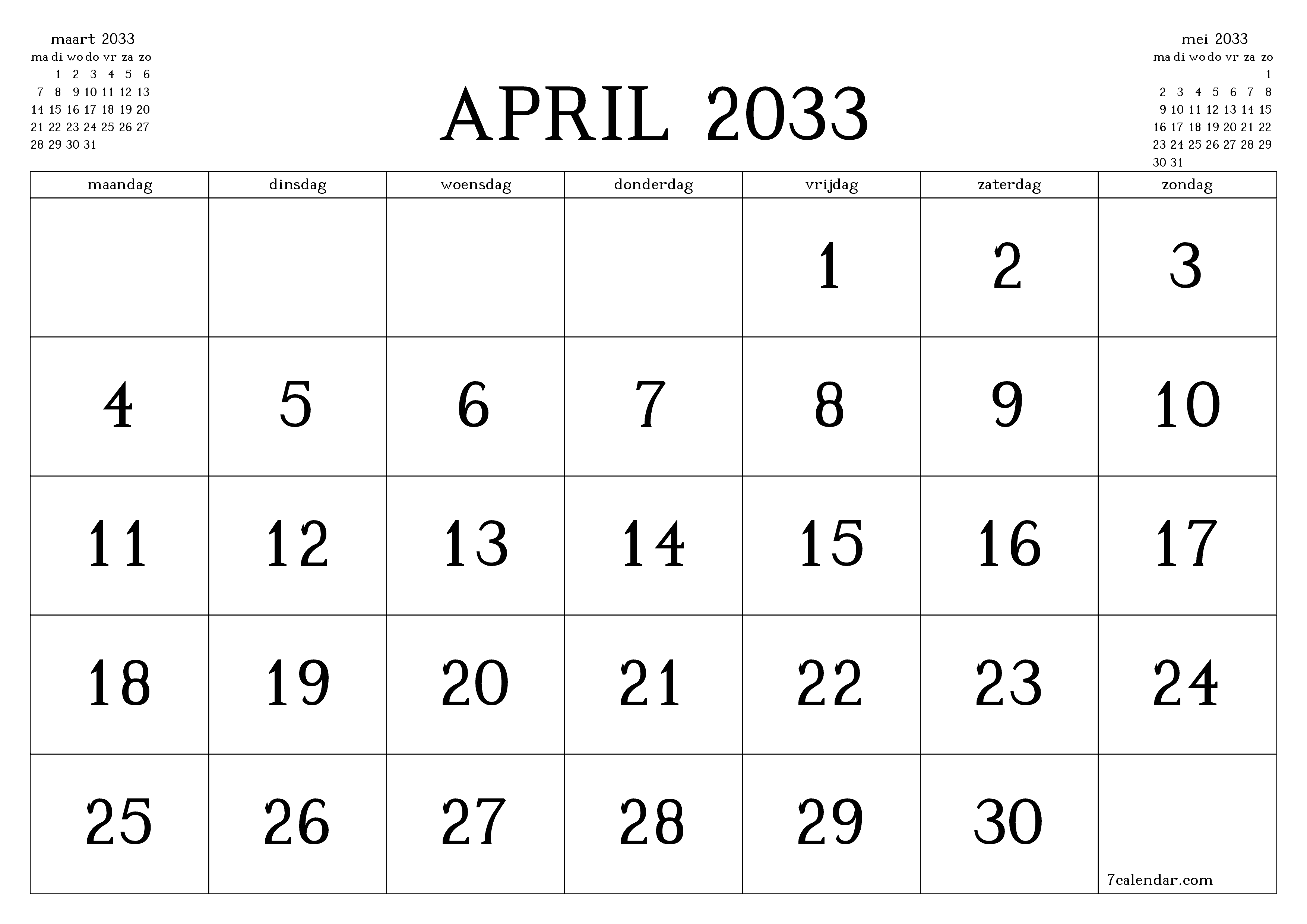 Lege maandplanner voor maand april 2033 met notities, opslaan en afdrukken naar pdf PNG Dutch