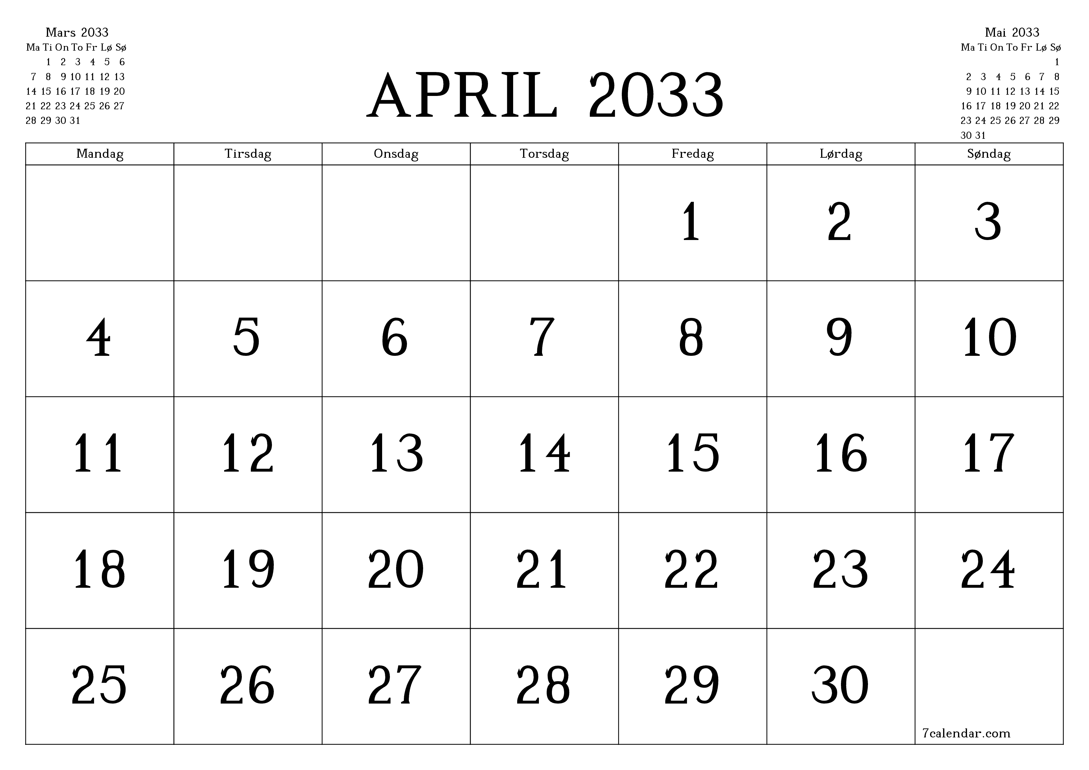 Tom månedlig planlegger for måned April 2033 med notater, lagre og skriv ut til PDF PNG Norwegian