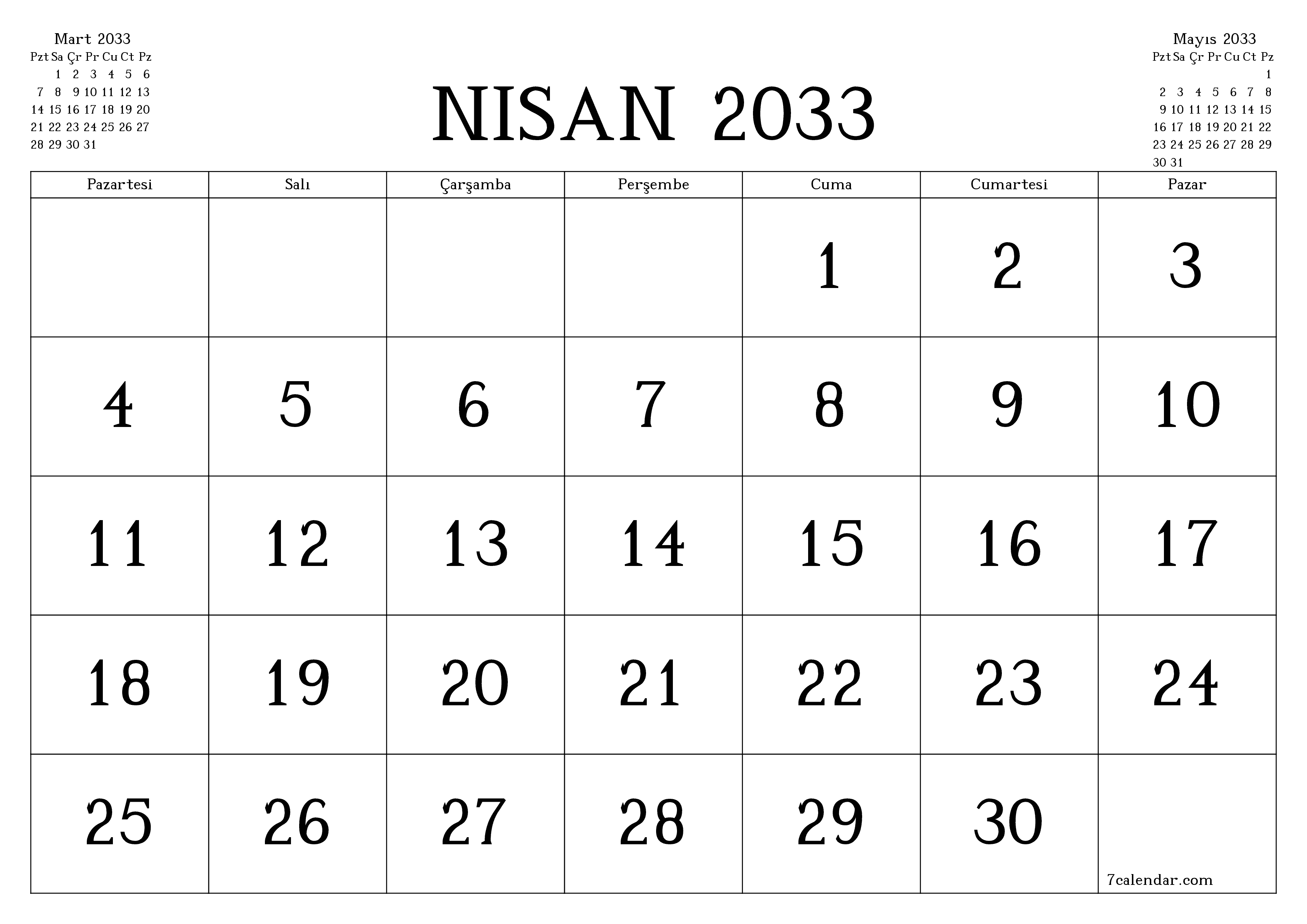 Nisan 2033 ayı için notlarla birlikte boş aylık planlayıcı, kaydedin ve PDF'ye yazdırın PNG Turkish