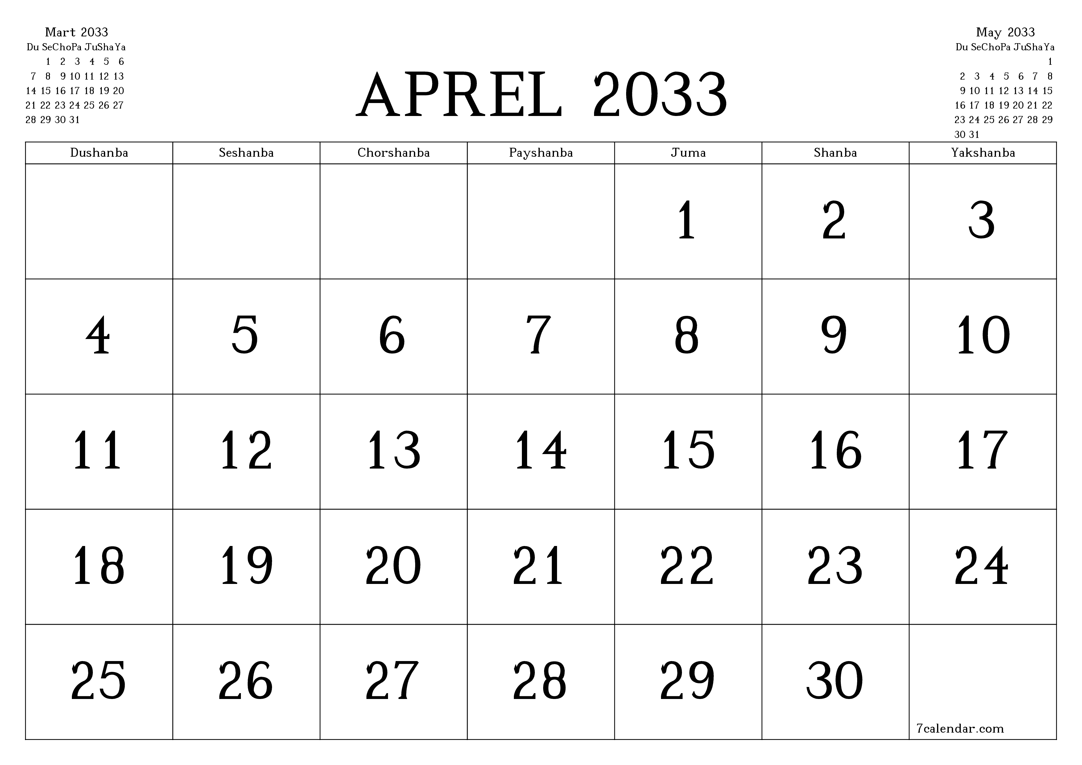 Aprel 2033 oylik oylik rejalashtiruvchini yozuvlar bilan bo'shatish, saqlash va PDF-ga chop etish PNG Uzbek