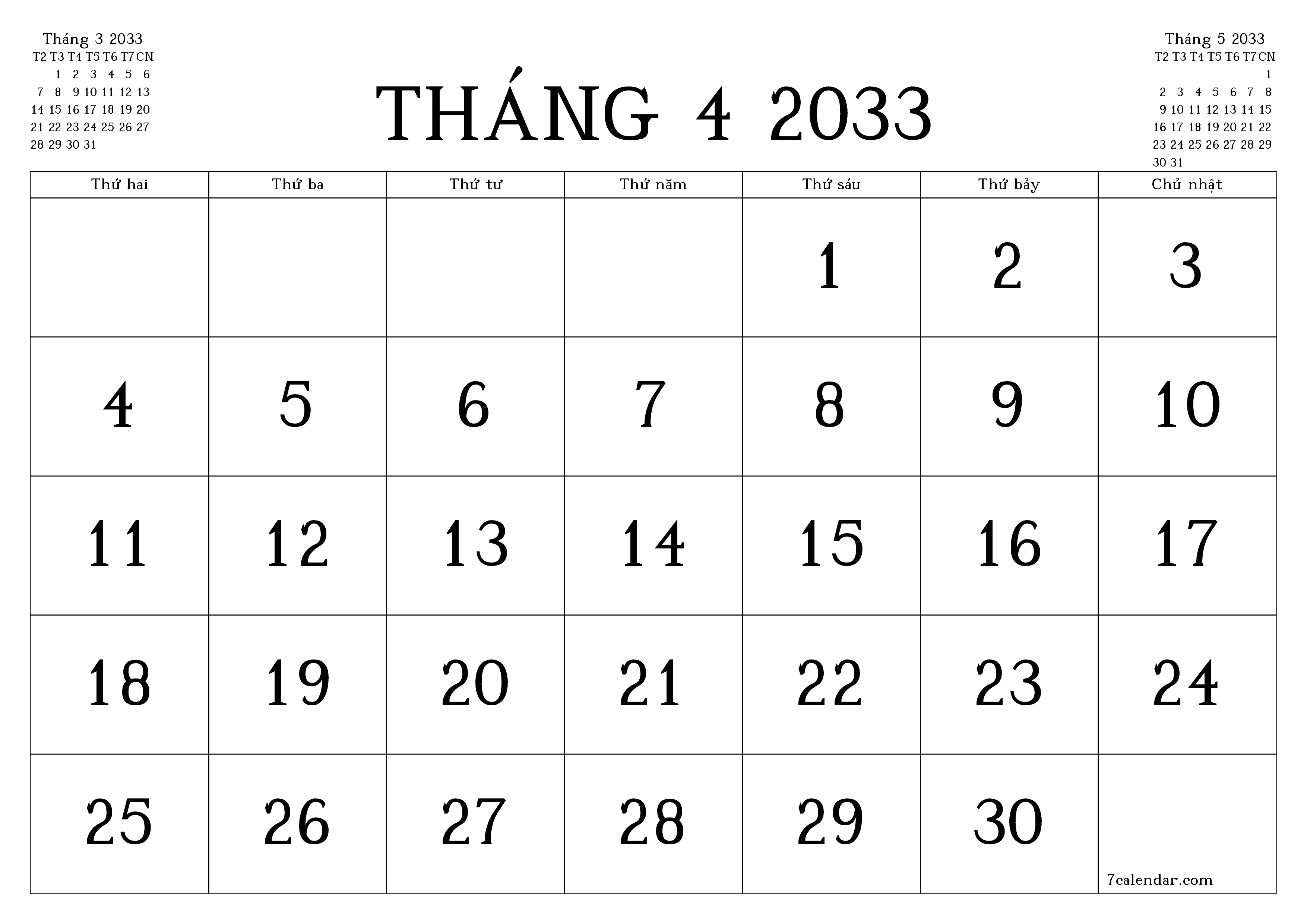 Công cụ lập kế hoạch hàng tháng trống cho tháng Tháng 4 2033 có ghi chú, lưu và in sang PDF PNG Vietnamese