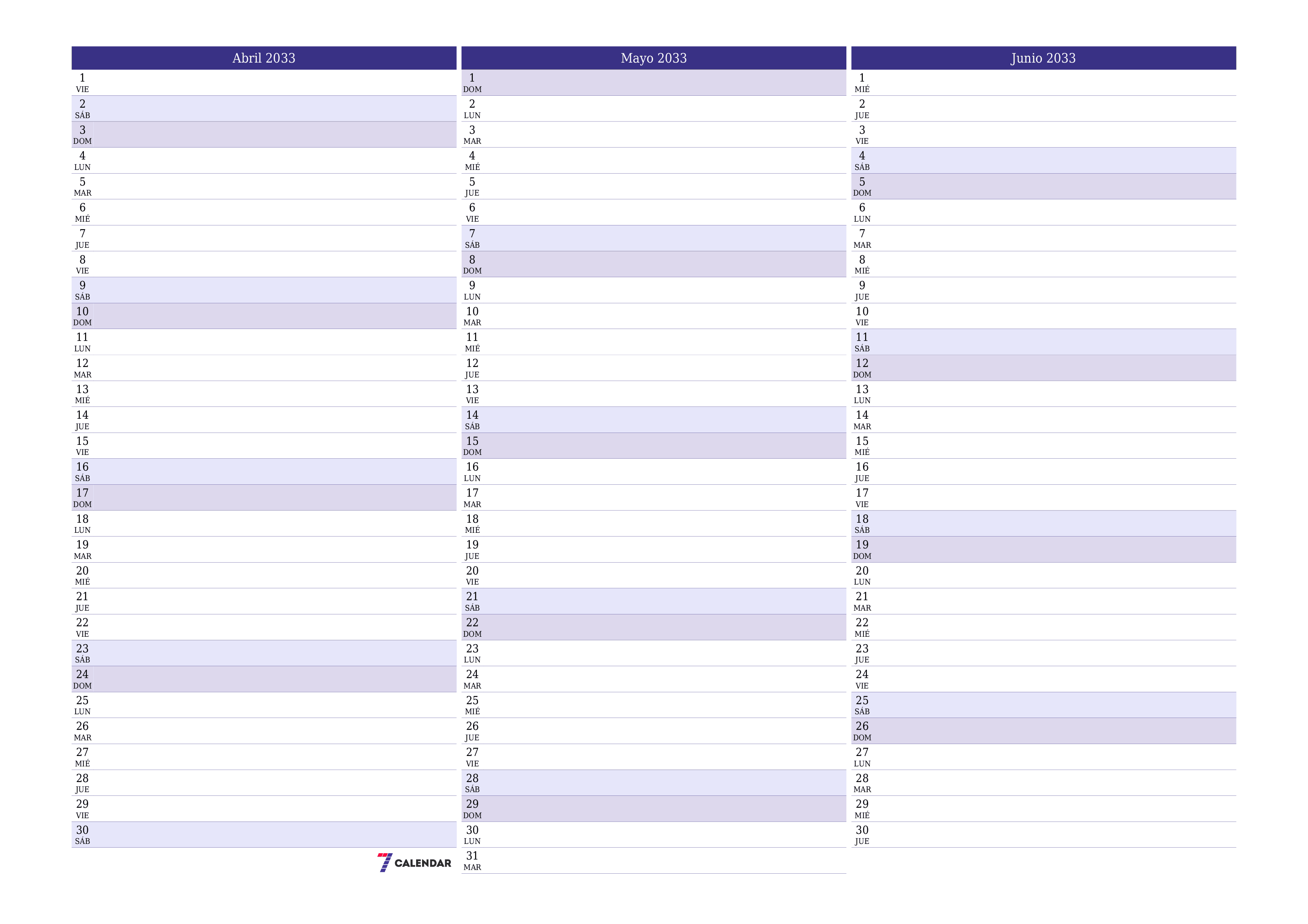 Planificador mensual vacío para el mes Abril 2033 con notas, guardar e imprimir en PDF PNG Spanish
