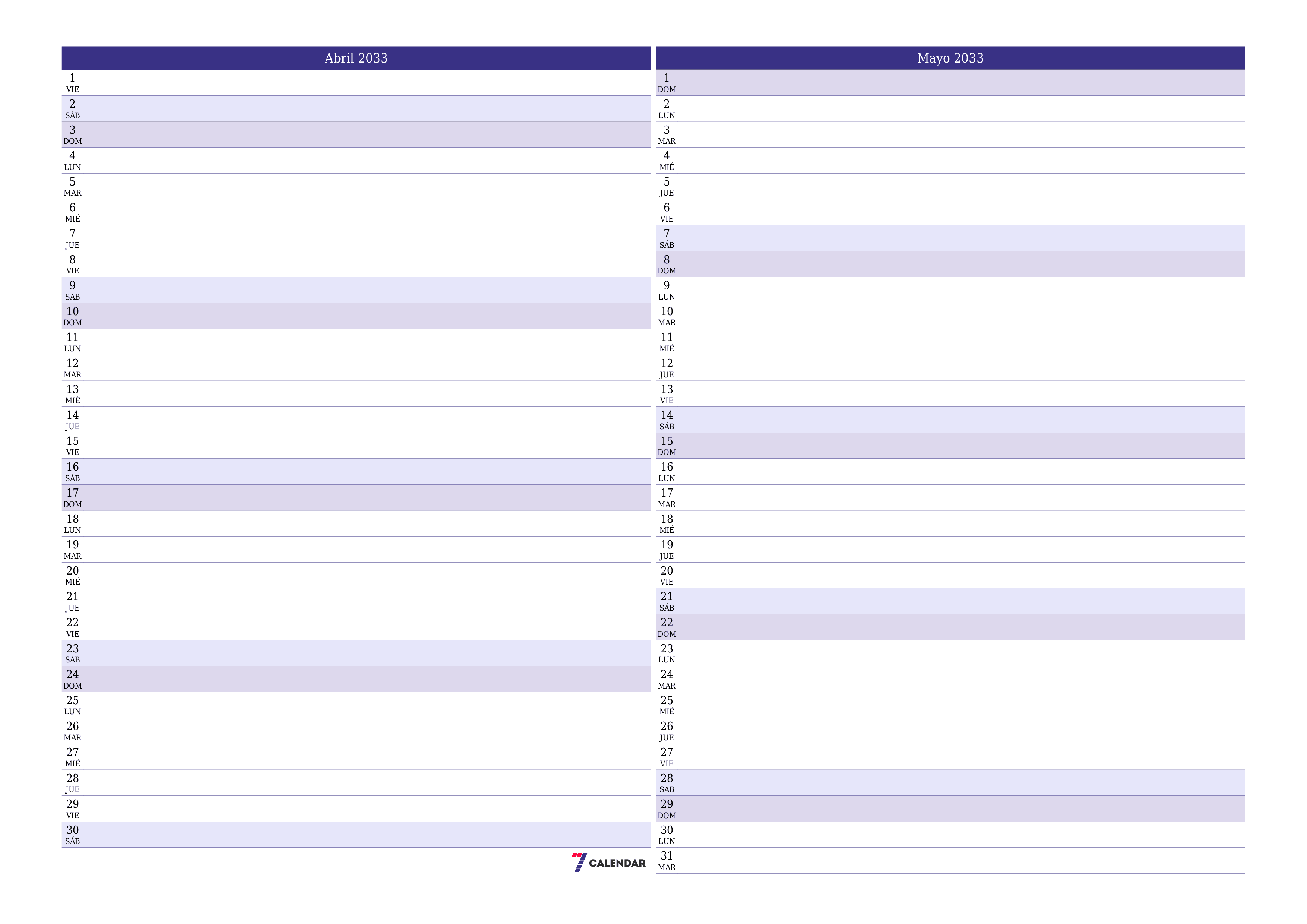 Planificador mensual vacío para el mes Abril 2033 con notas, guardar e imprimir en PDF PNG Spanish