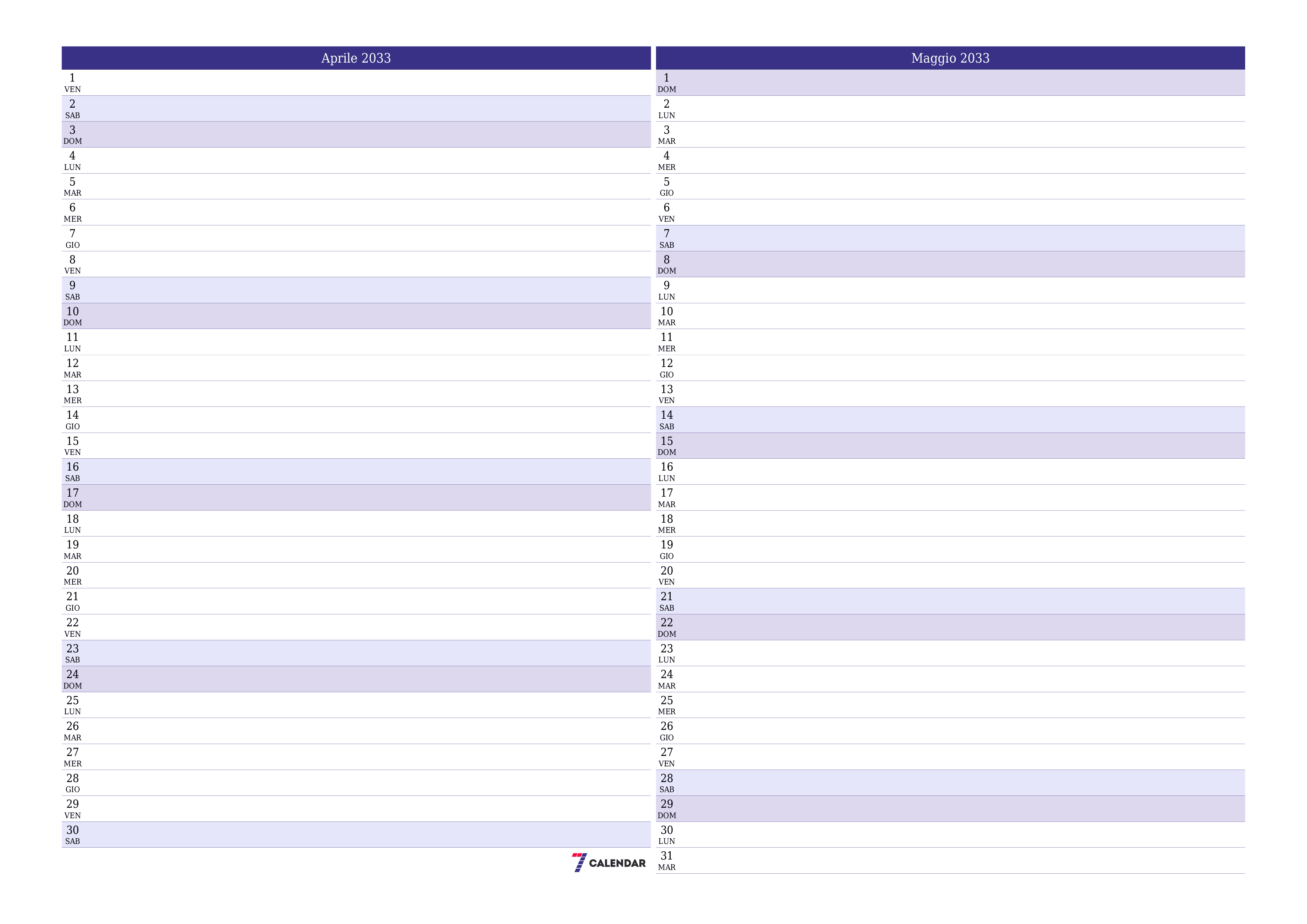 Pianificatore mensile vuoto per il mese Aprile 2033 con note, salva e stampa in PDF PNG Italian