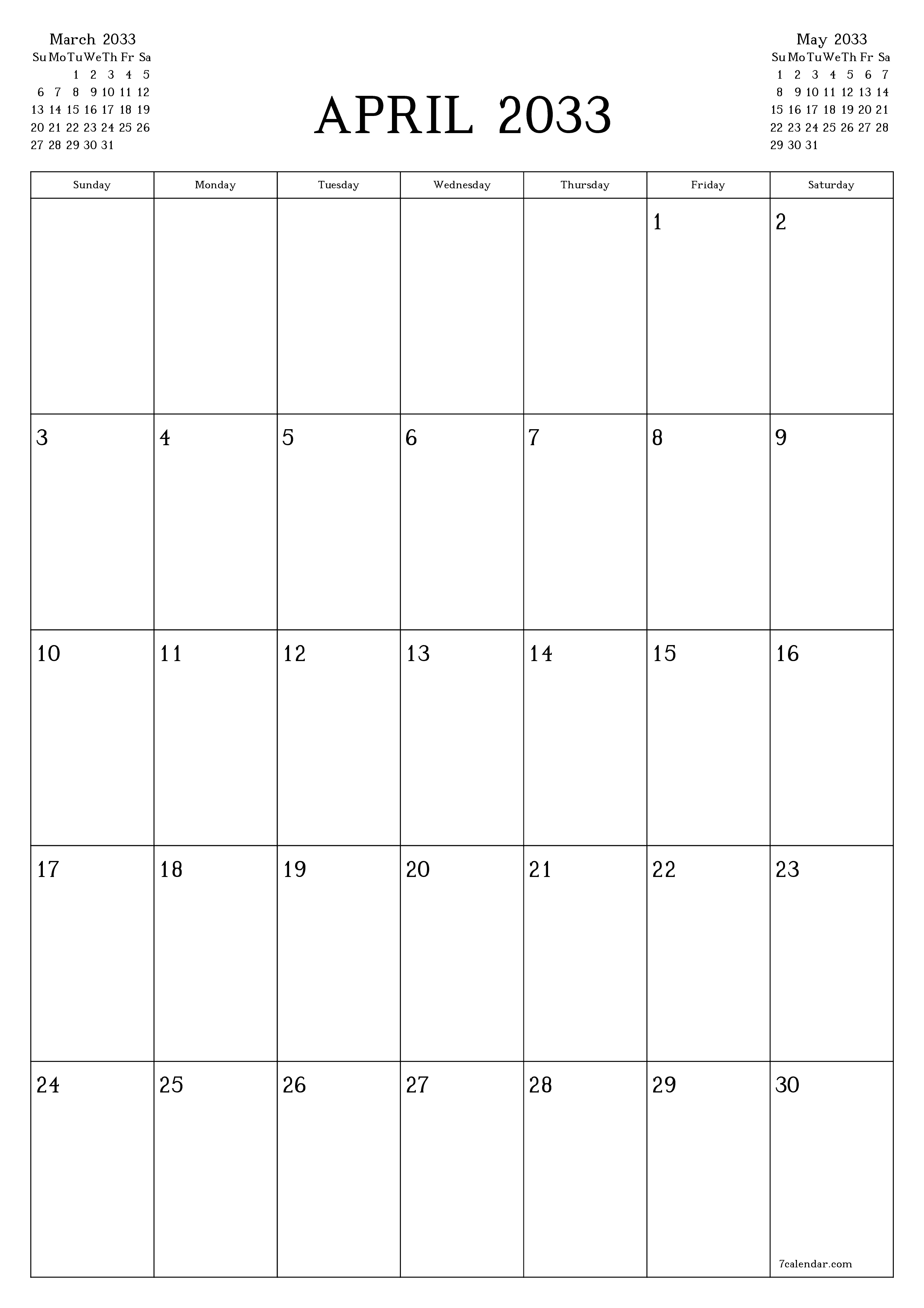 Blank calendar April 2033