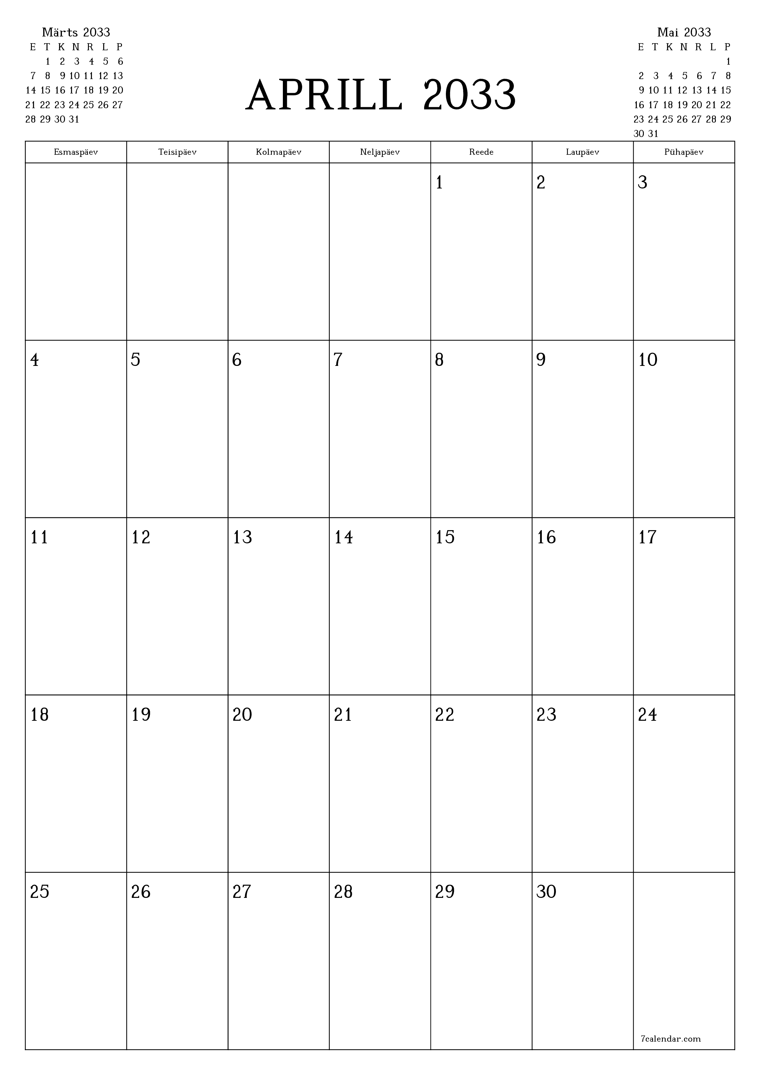 prinditav seina kalendri mall tasuta vertikaalne Igakuine planeerija kalender Aprill (Apr) 2033