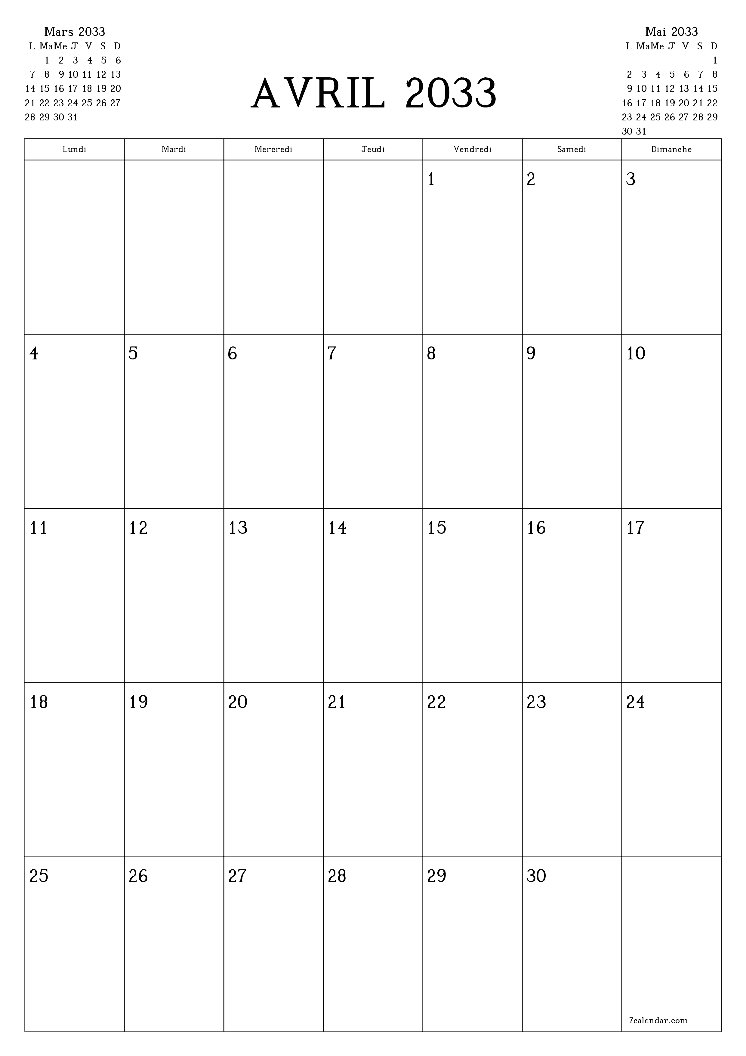  imprimable mural modèle de gratuitverticale Mensuel planificateur calendrier Avril (Avr) 2033