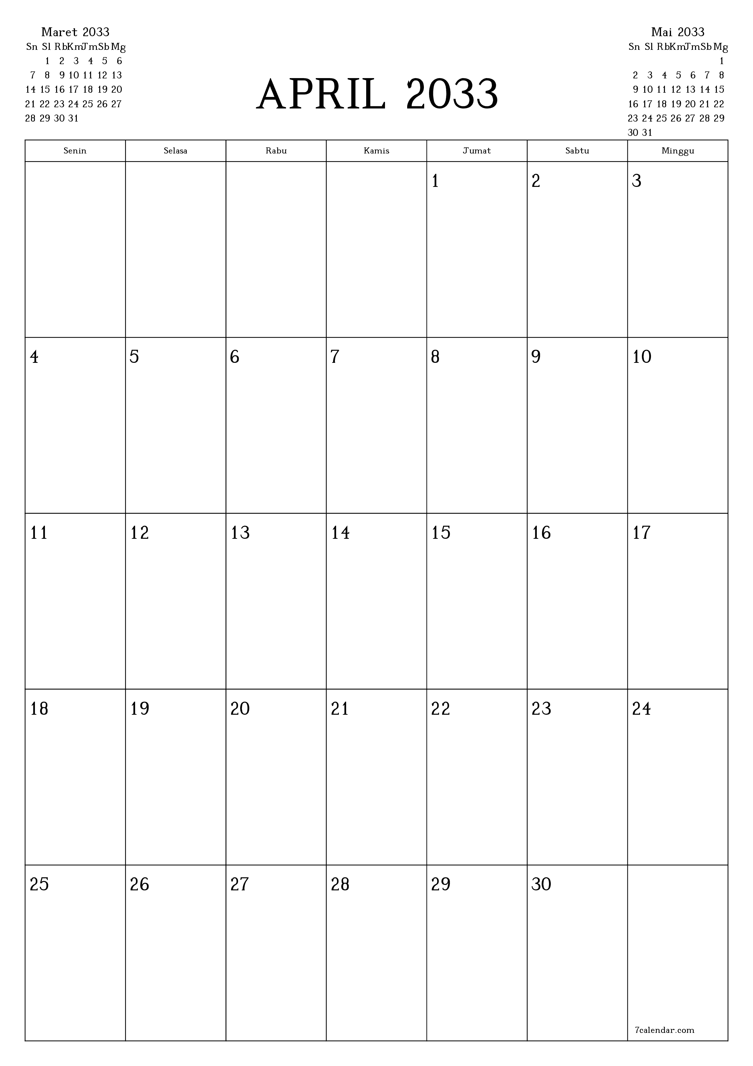  yang dapat dicetak dinding templat gratisvertikal Bulanan perencana kalender April (Apr) 2033