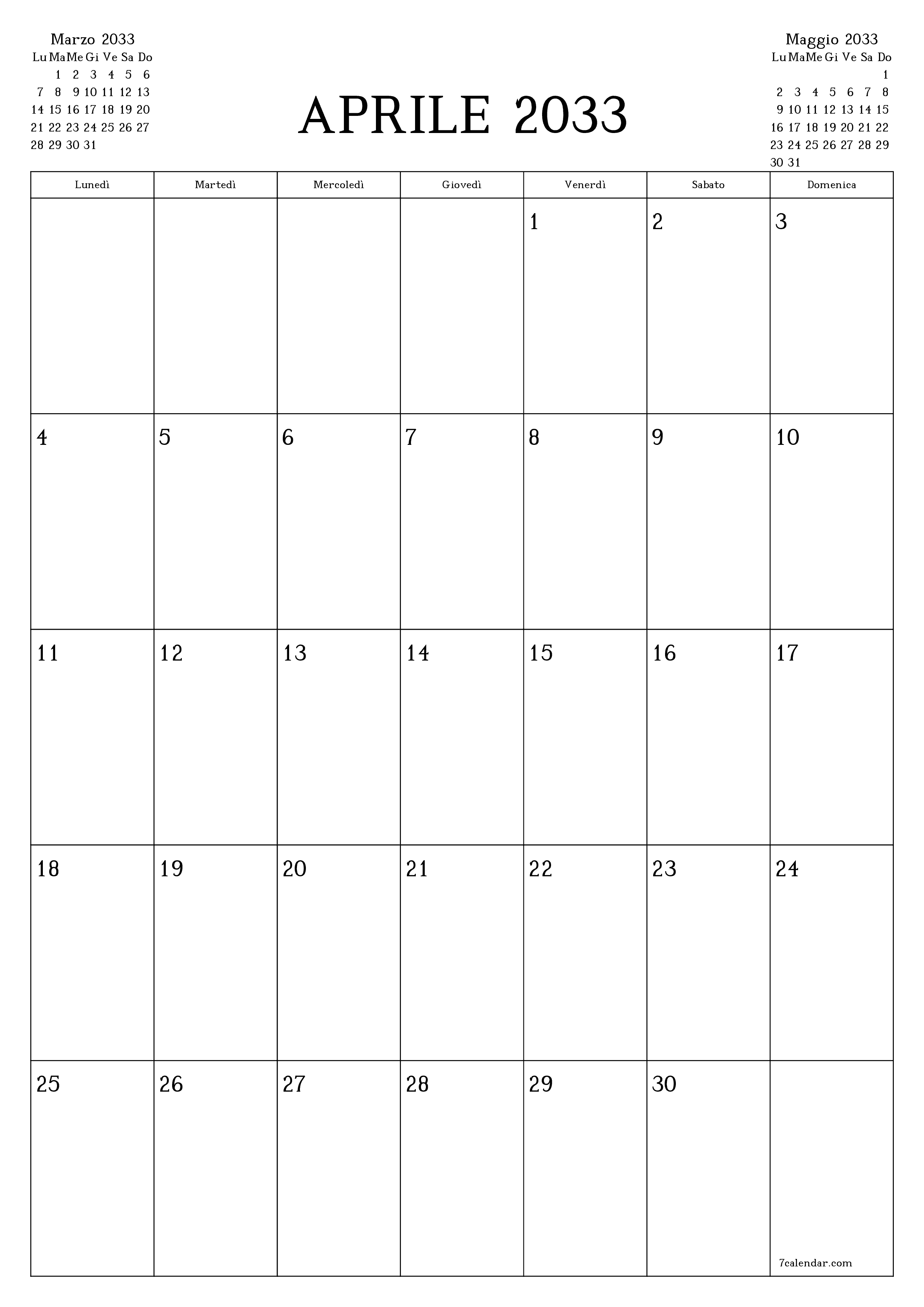  stampabile da parete modello di gratuitoverticale Mensile pianificatore calendario Aprile (Apr) 2033
