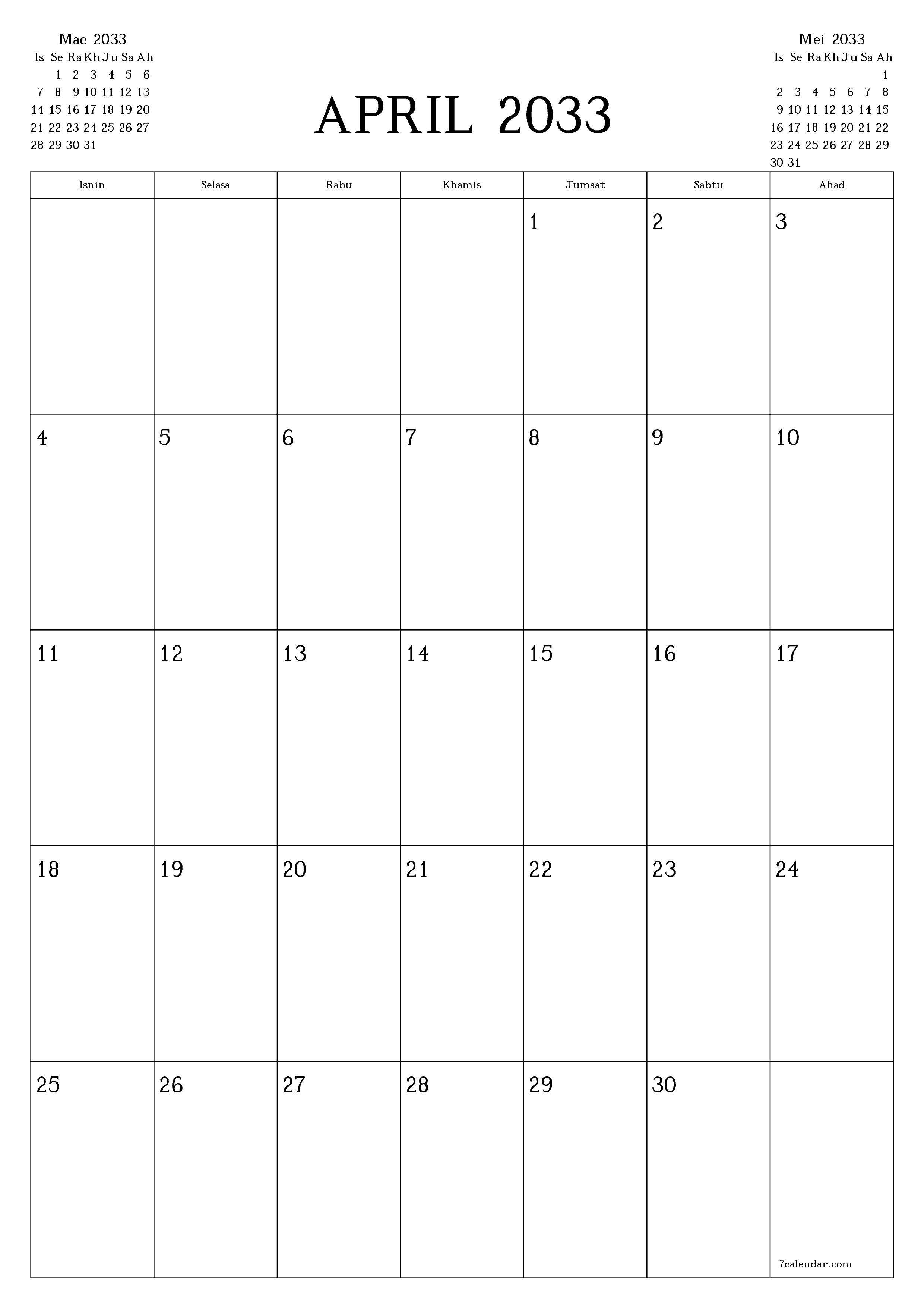  boleh cetak dinding templat percumamenegak Bulanan perancang kalendar April (Apr) 2033
