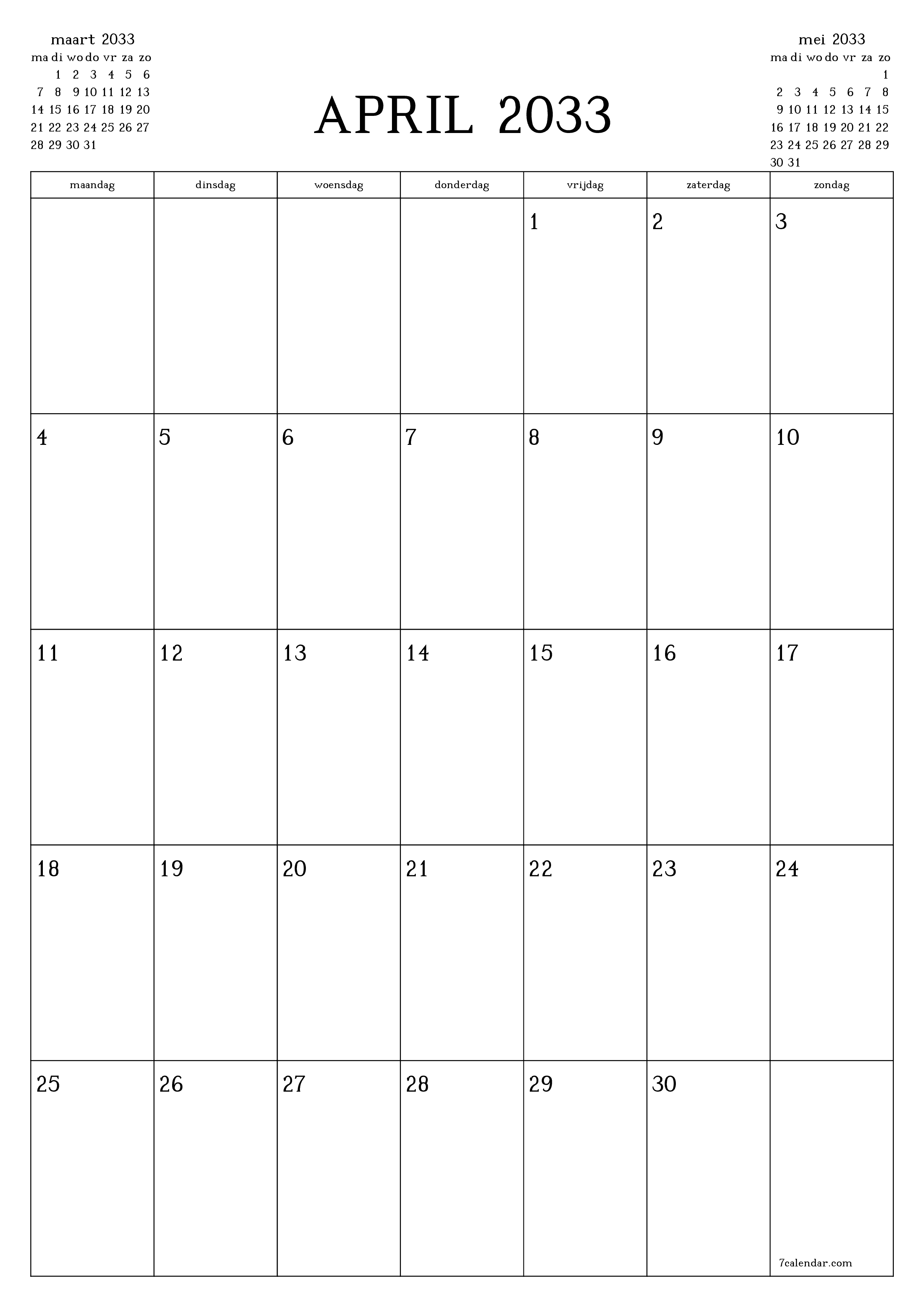 afdrukbare muur sjabloon gratis verticaal Maandelijks planner kalender april (apr) 2033