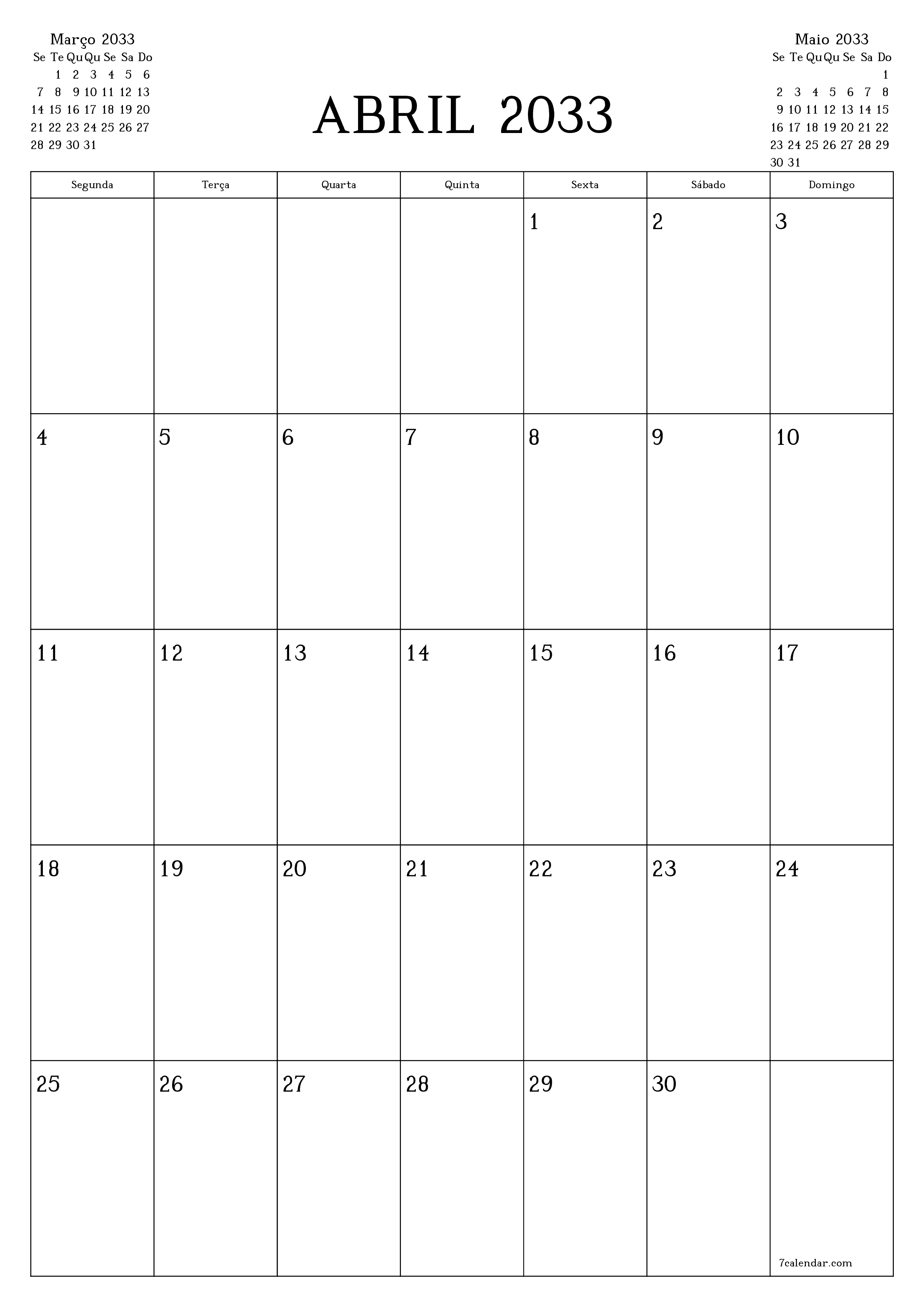  para impressão de parede modelo de grátisvertical Mensal planejador calendário Abril (Abr) 2033