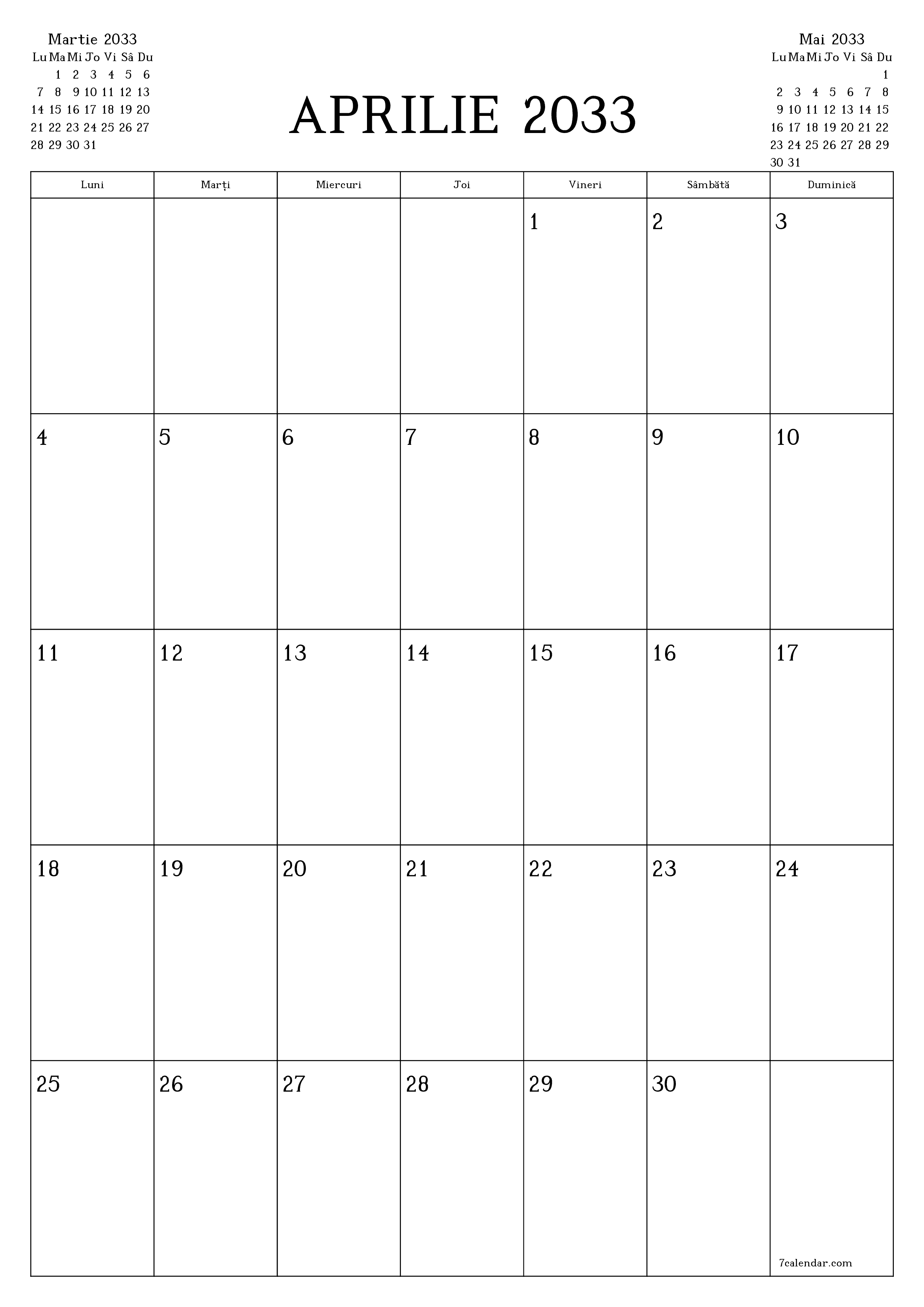  imprimabil de perete șablon de gratuitvertical Lunar planificator calendar Aprilie (Apr) 2033