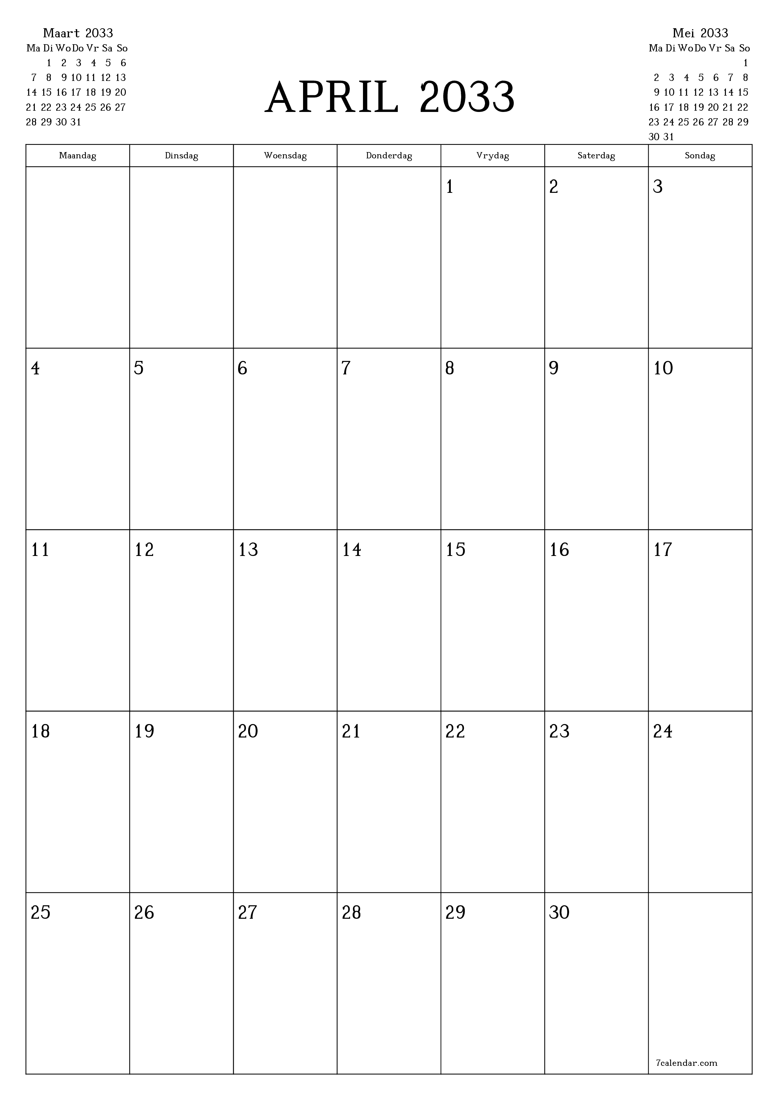 Leë maandelikse drukbare kalender en beplanner vir maand April 2033 met notas stoor en druk na PDF PNG Afrikaans