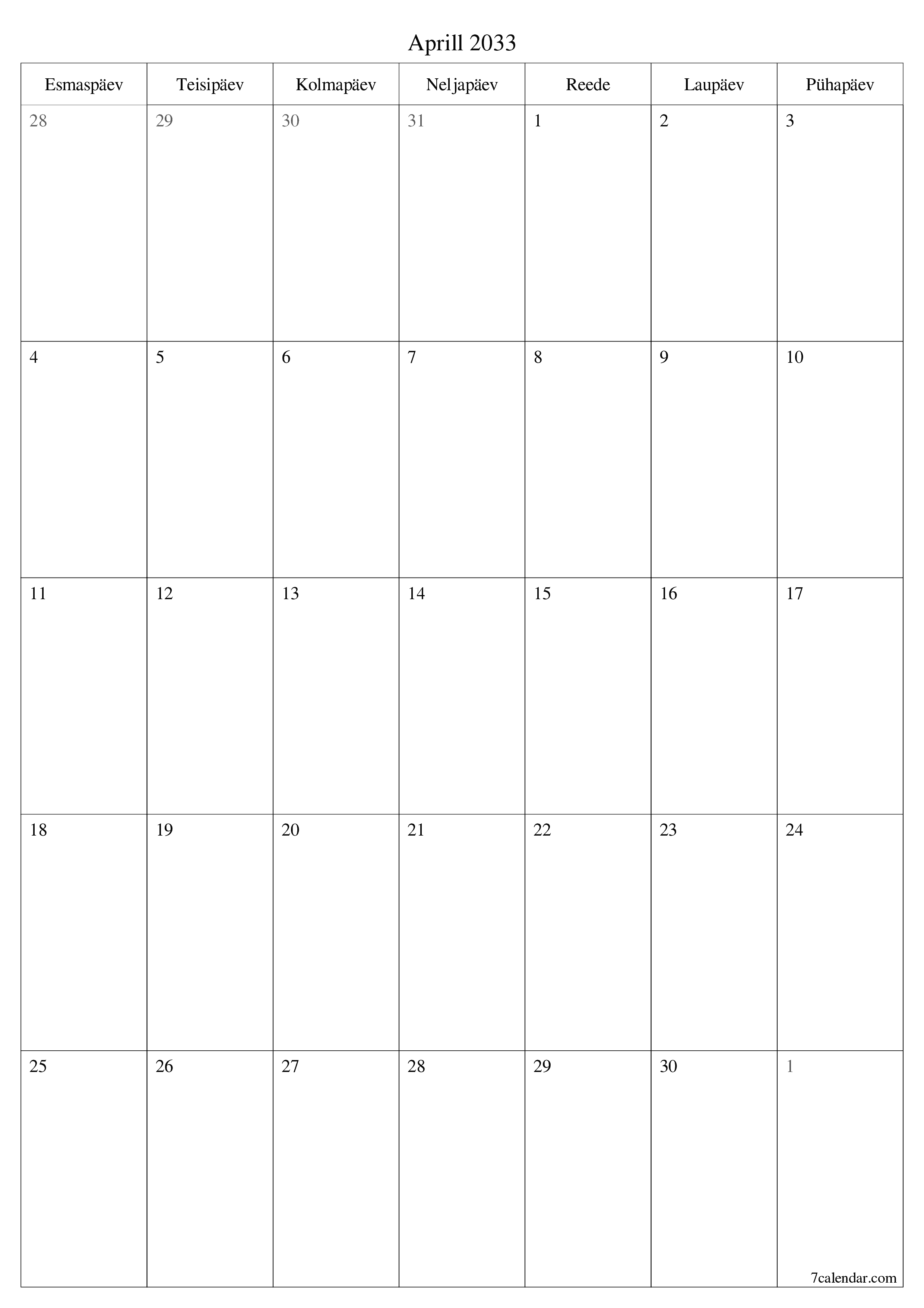 prinditav seina kalendri mall tasuta vertikaalne Igakuine planeerija kalender Aprill (Apr) 2033