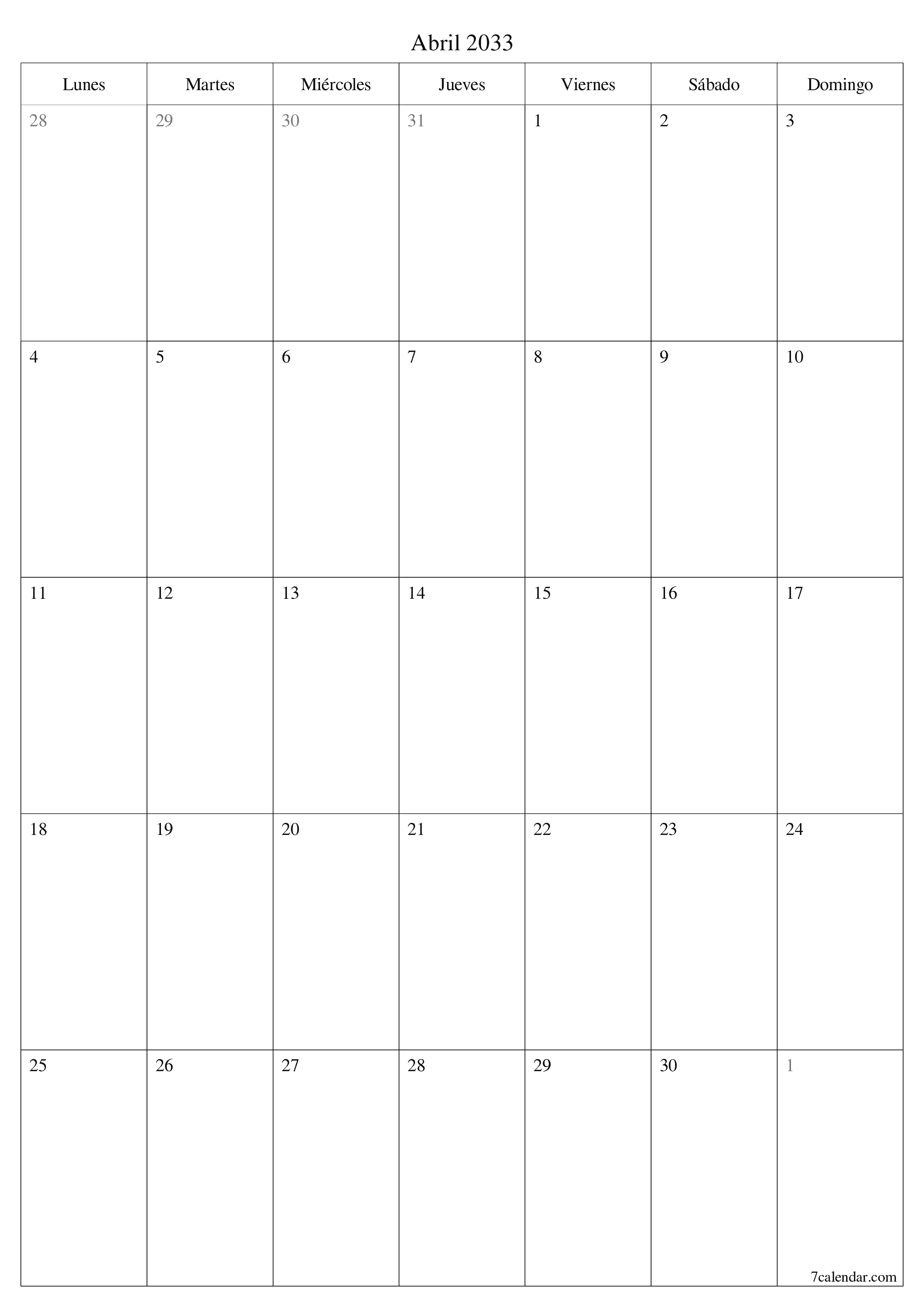  imprimible de pared plantilla de gratisvertical Mensual planificador calendario Abril (Abr) 2033