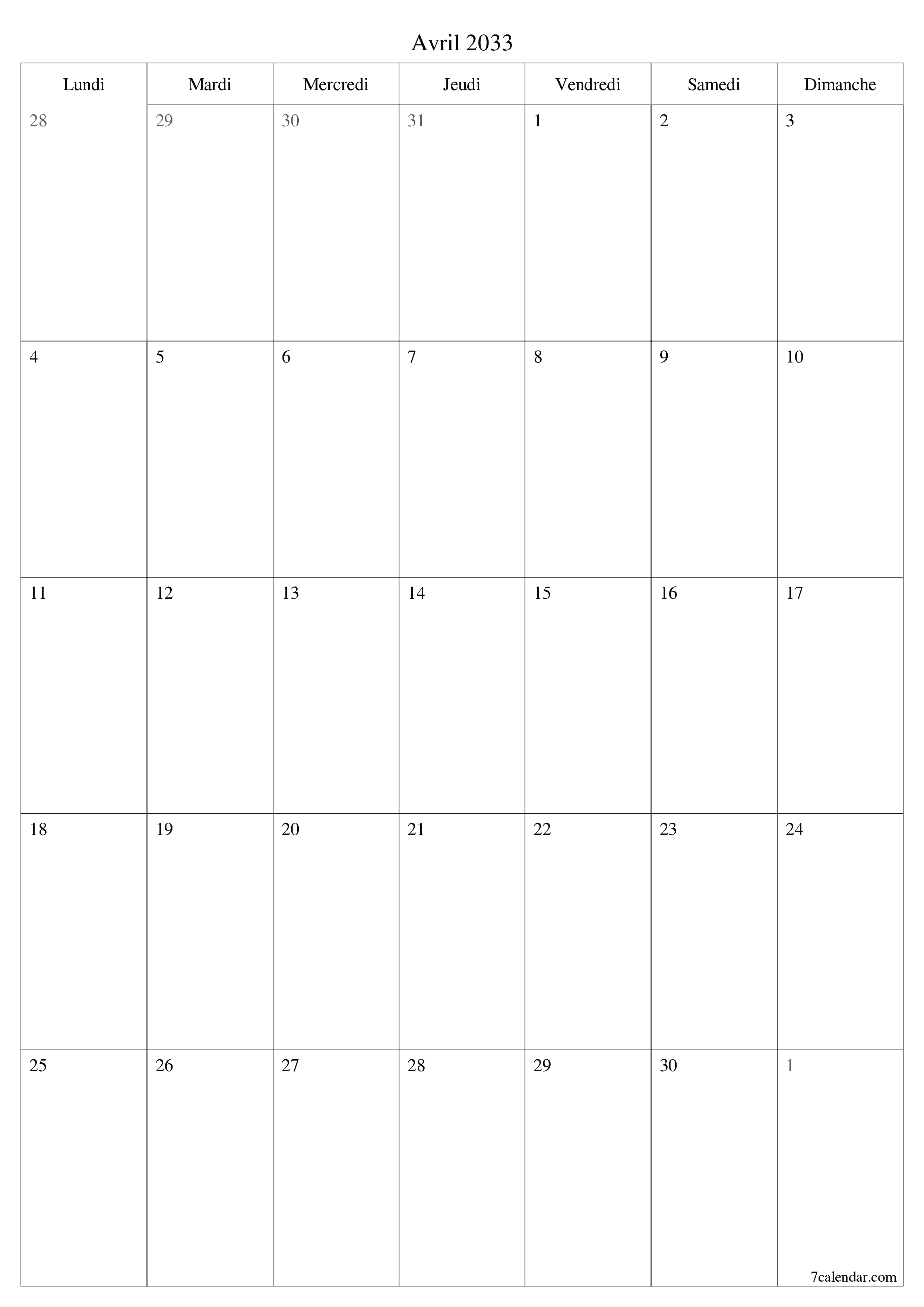  imprimable mural modèle de gratuitverticale Mensuel planificateur calendrier Avril (Avr) 2033