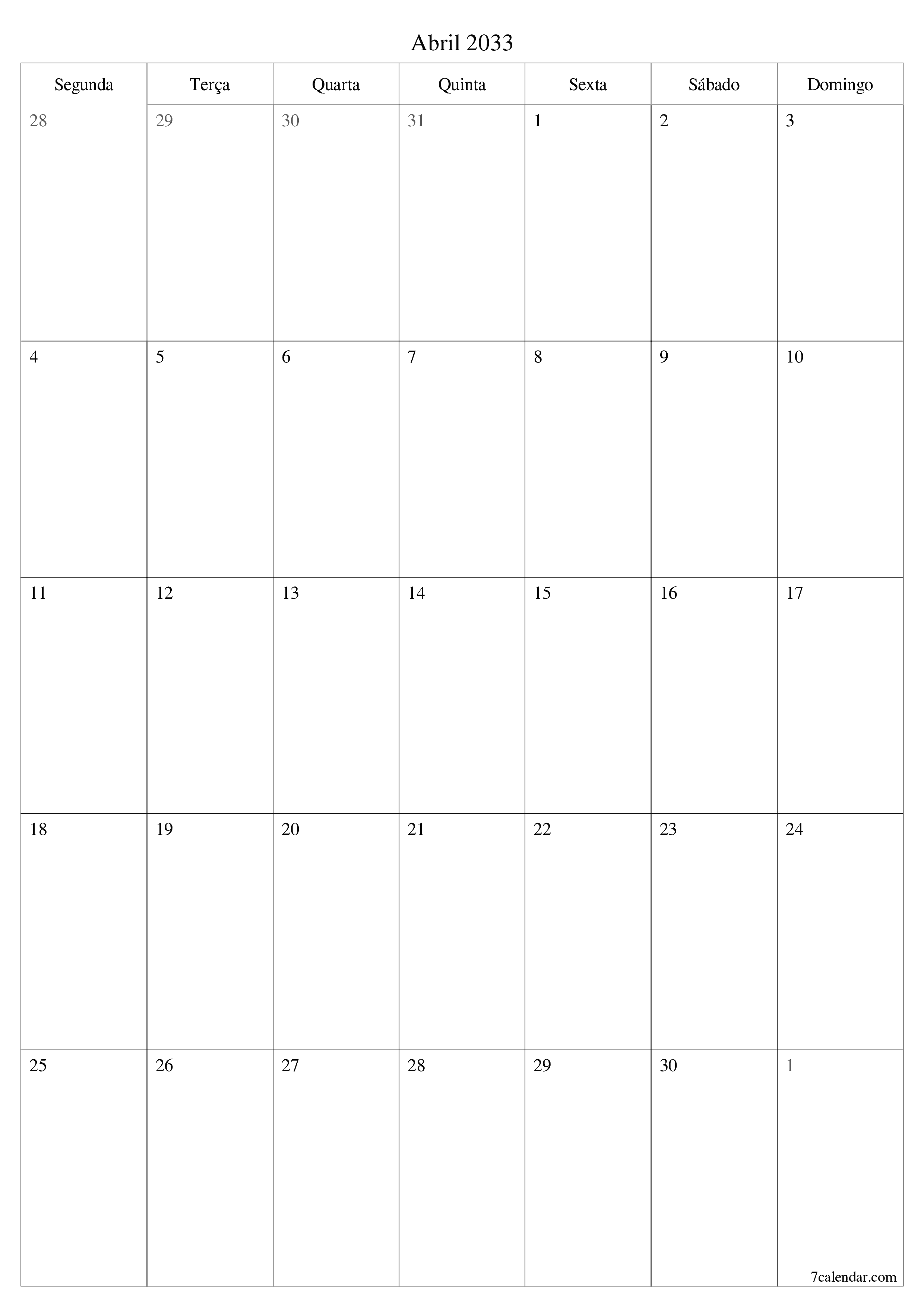  para impressão de parede modelo de grátisvertical Mensal planejador calendário Abril (Abr) 2033