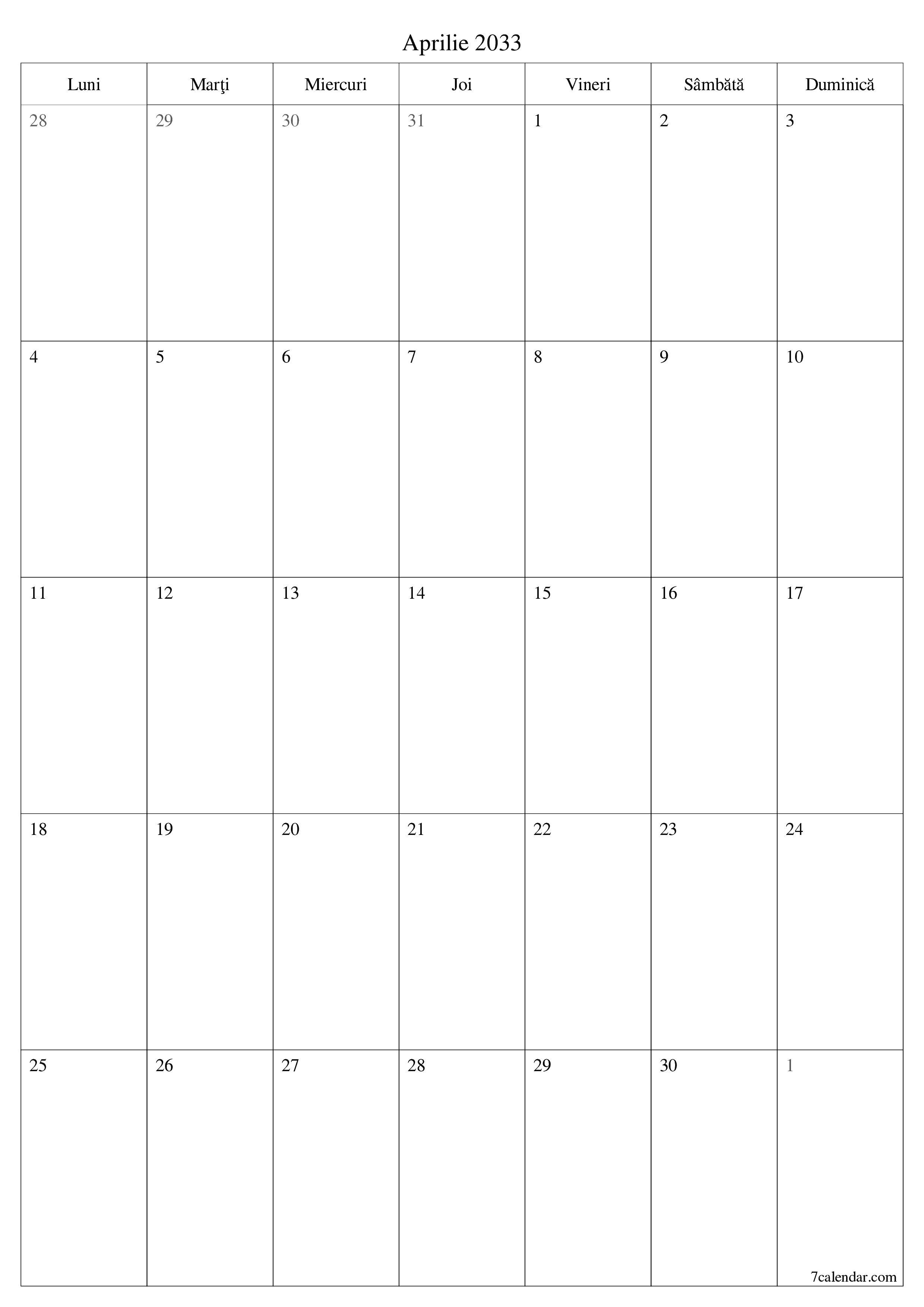  imprimabil de perete șablon de gratuitvertical Lunar planificator calendar Aprilie (Apr) 2033