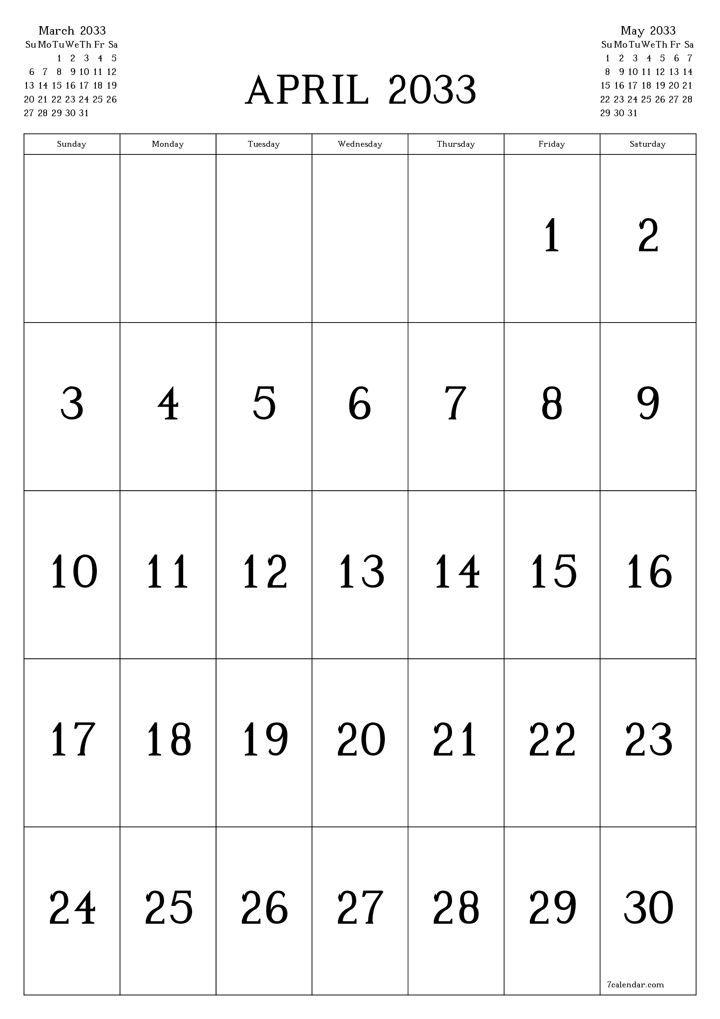 Blank calendar April 2033