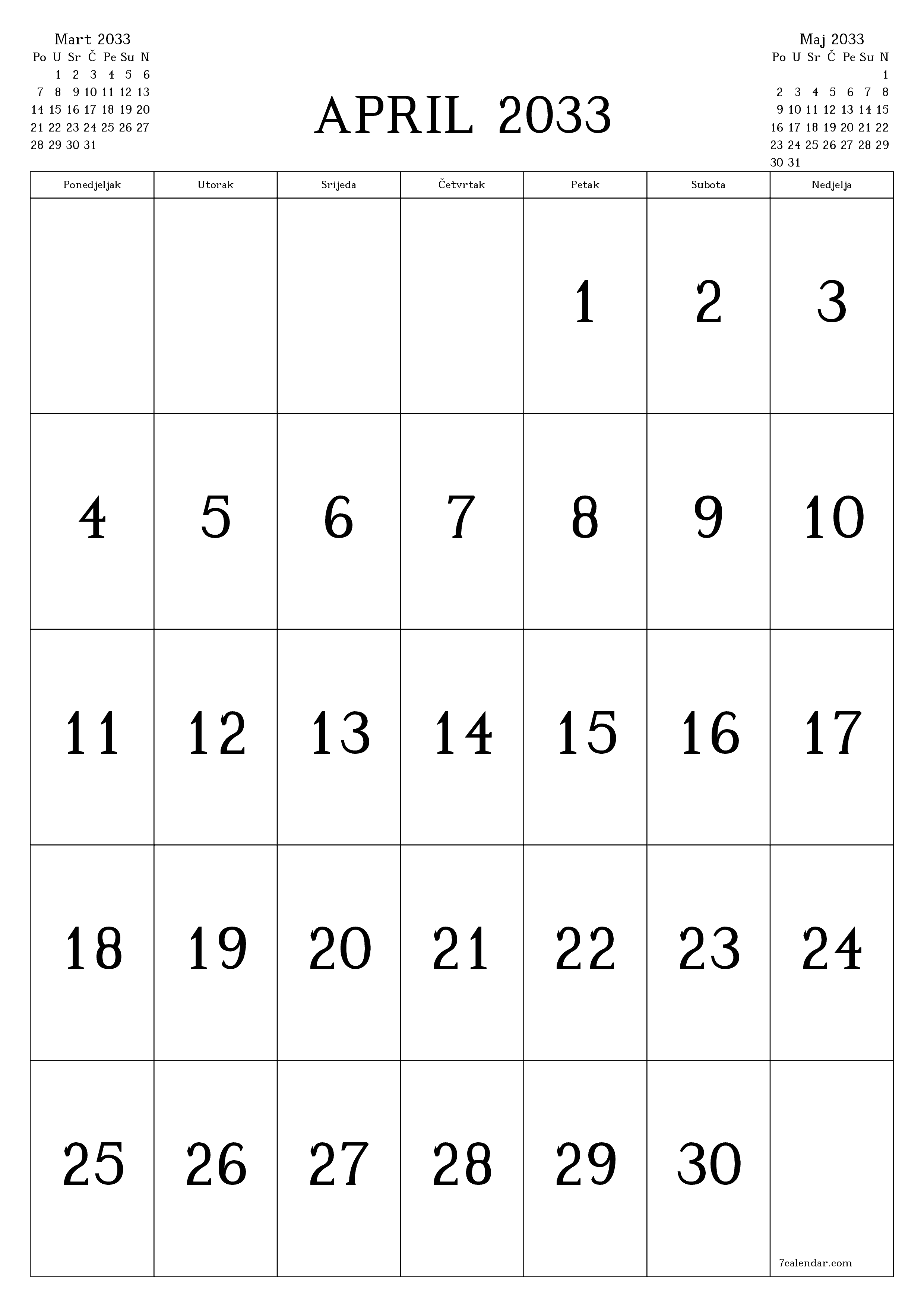  za štampanje zidni šablon a besplatni vertikalno Mjesečno kalendar April (Apr) 2033
