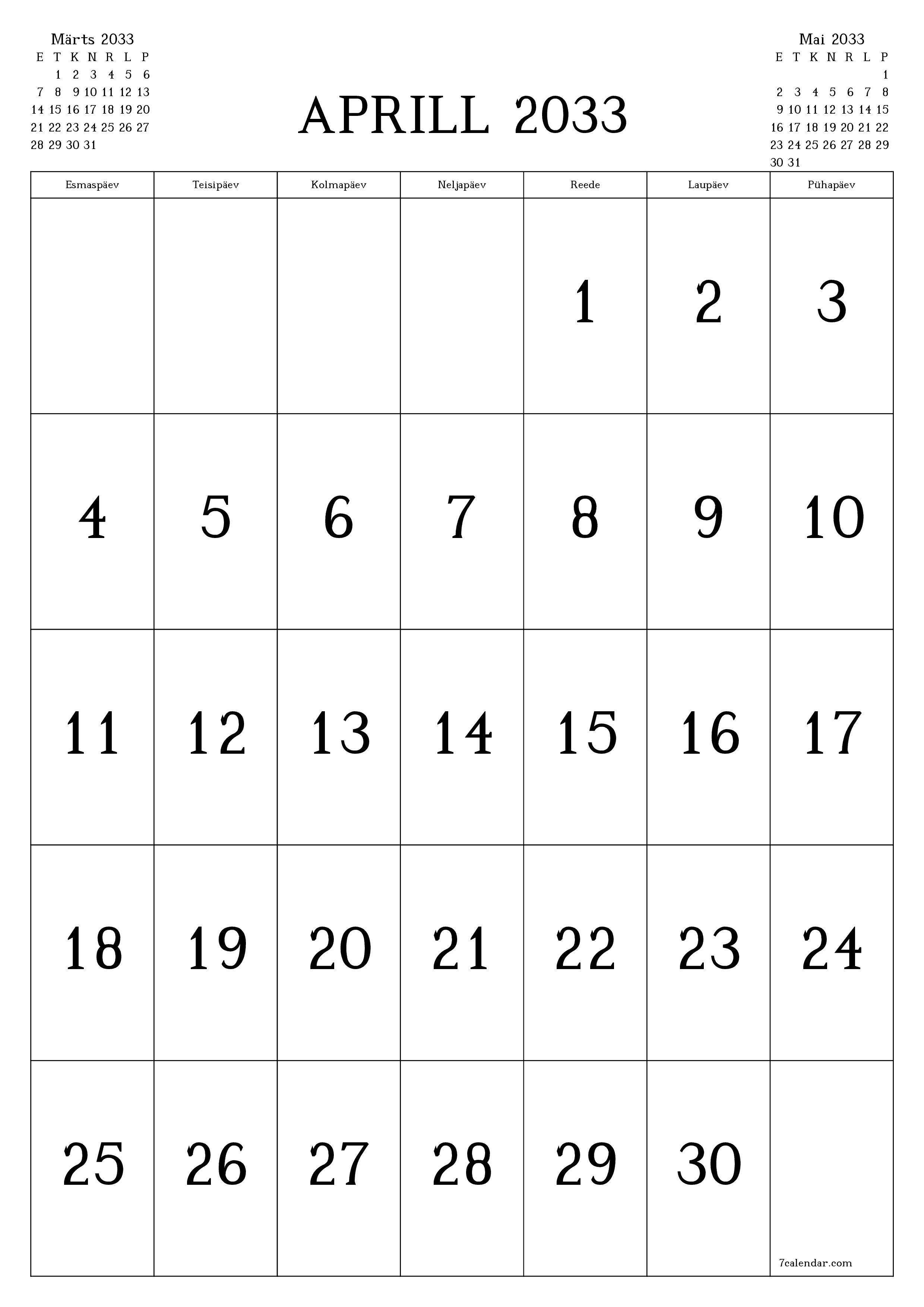 prinditav seina kalendri mall tasuta vertikaalne Igakuine kalender Aprill (Apr) 2033